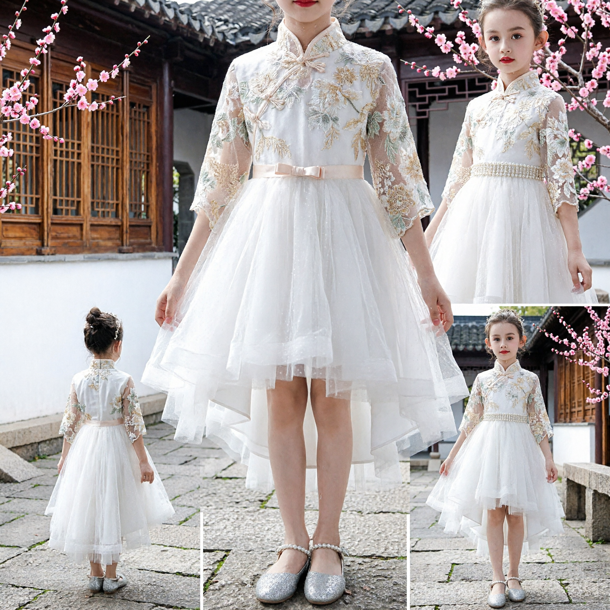 Girls Traditional Chinese Cheongsam Dress Kids Embroidered Qipao Princess Tulle Gown for Wedding Party