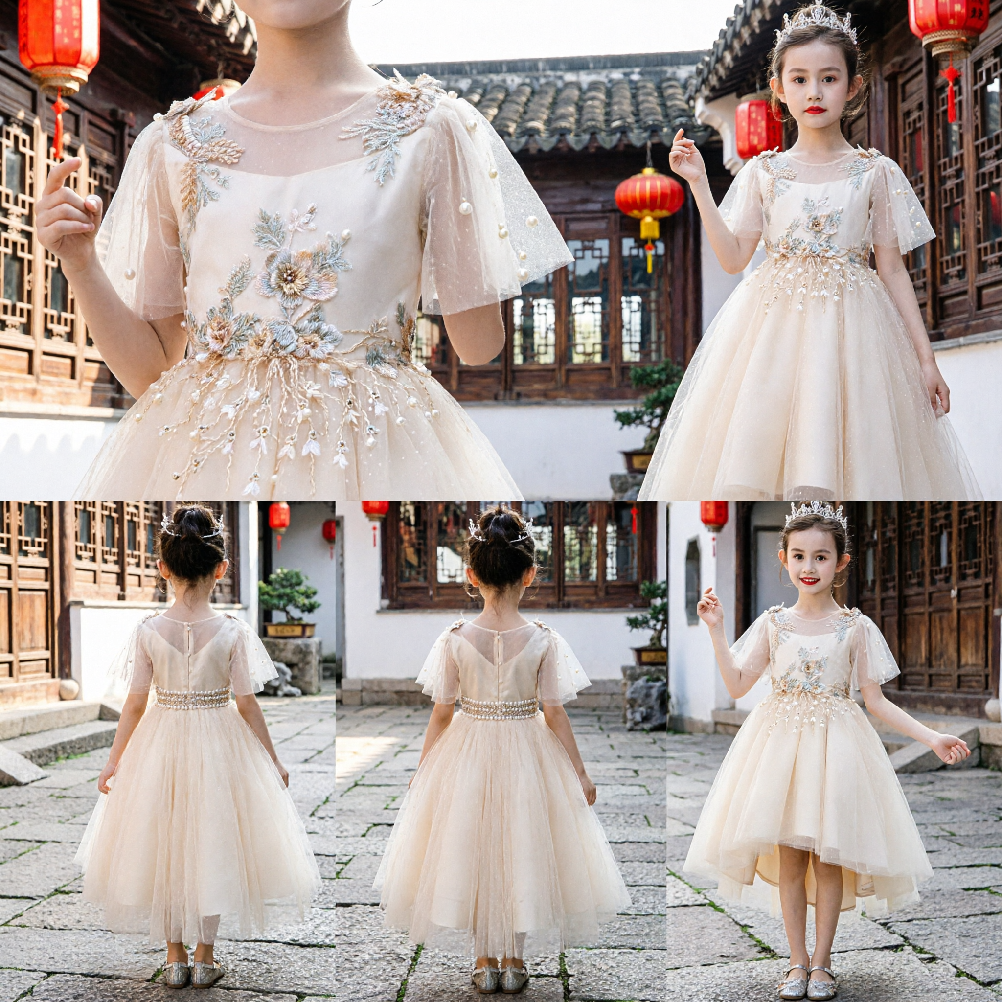 Girls Champagne Flower Girl Dress with Floral Embroidery High-Low Tulle Skirt for Wedding Parties