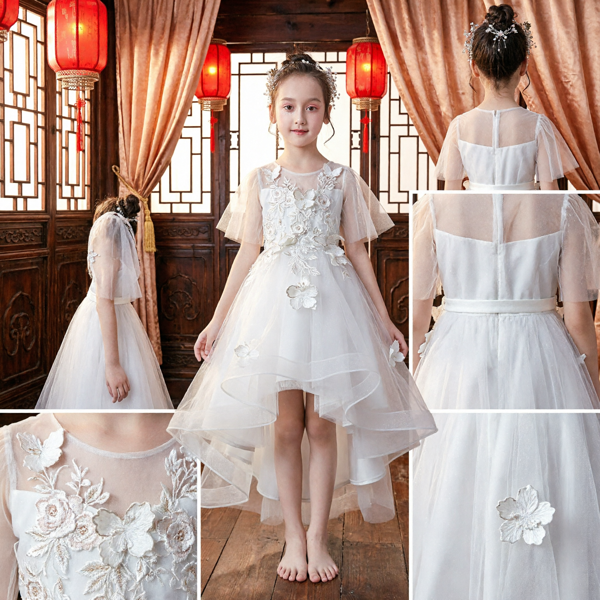 Elegant White Flower Girl Dress with 3D Butterfly Appliques High Low Tulle Gown for Wedding Communion