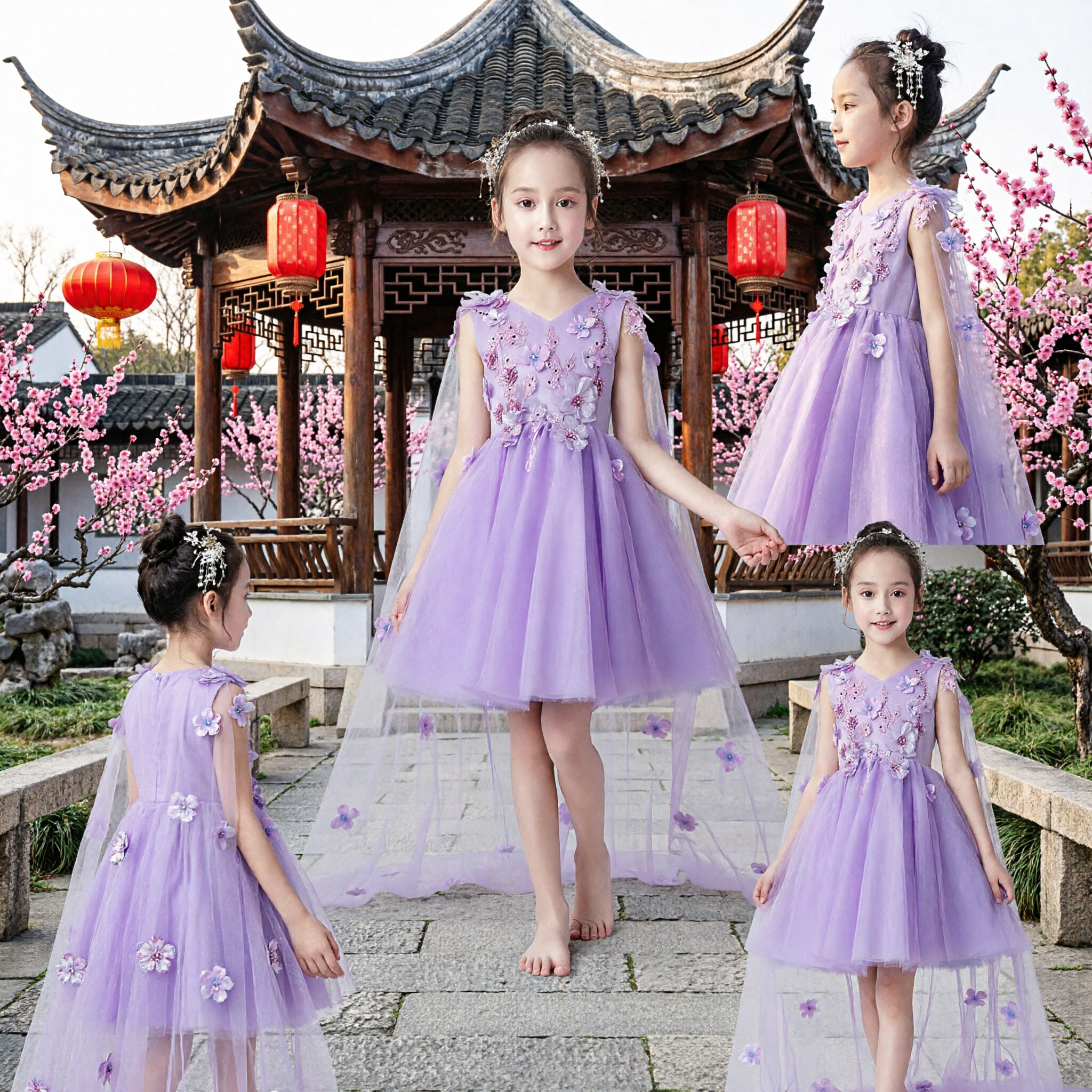 Girls Purple Fairy Princess Dress 3D Butterfly Floral Applique Tulle Gown Wedding Flower Girl Costume