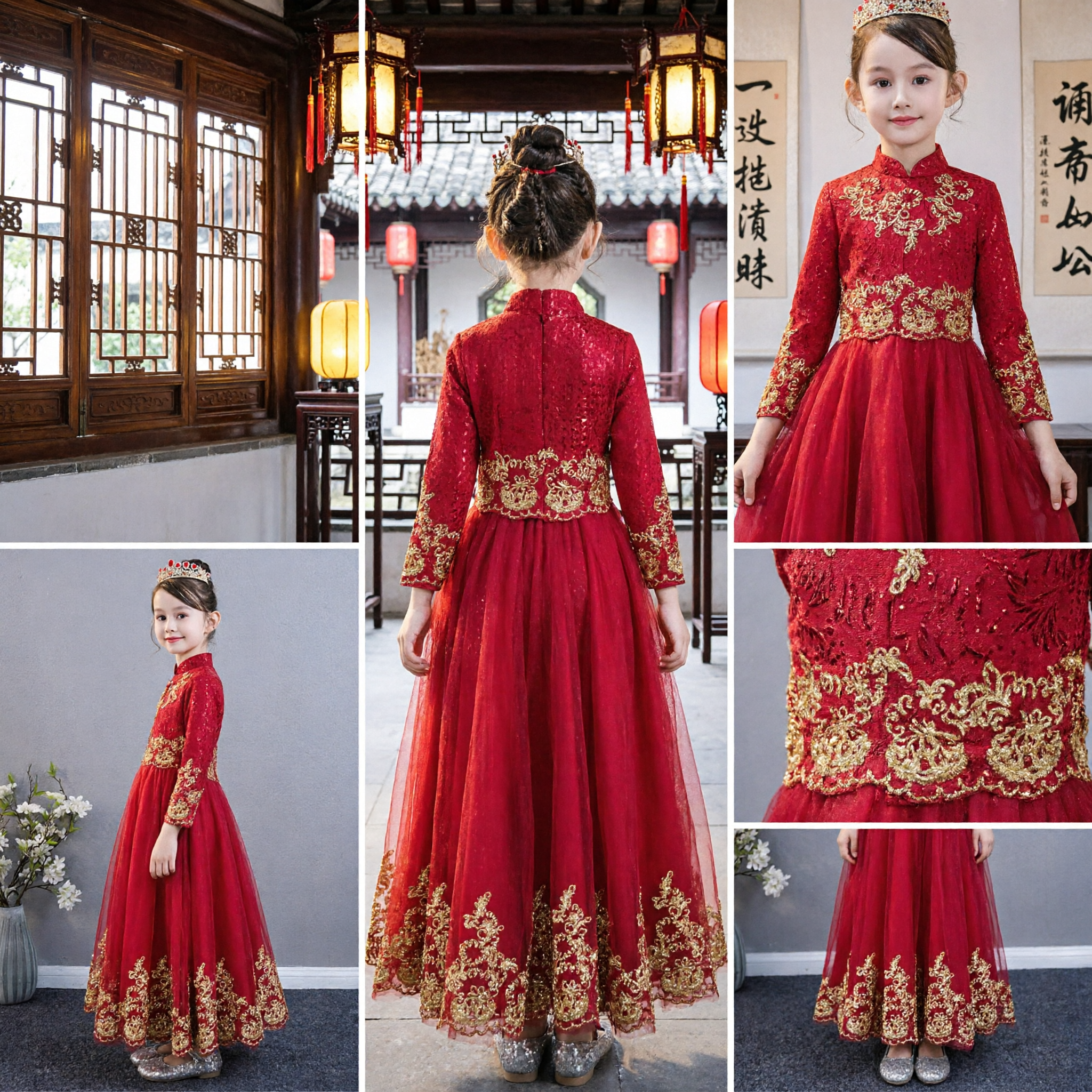 Girls Red Chinese Traditional Qipao Dress Gold Embroidery Long Sleeve Princess Wedding Flower Girl Gown