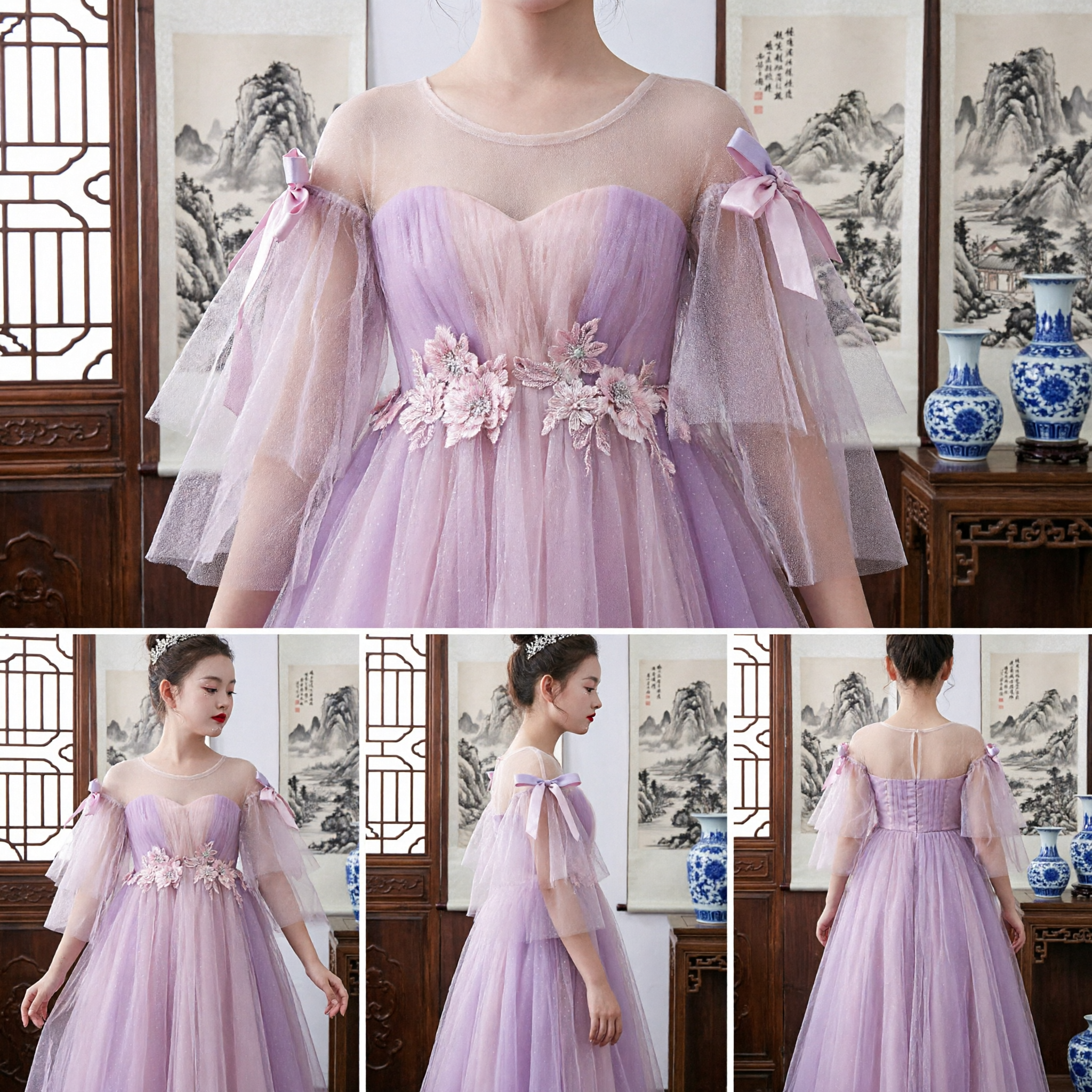 Elegant Purple Tulle Flower Girl Dress Long Formal Princess Gown for Kids Wedding Pageant Party
