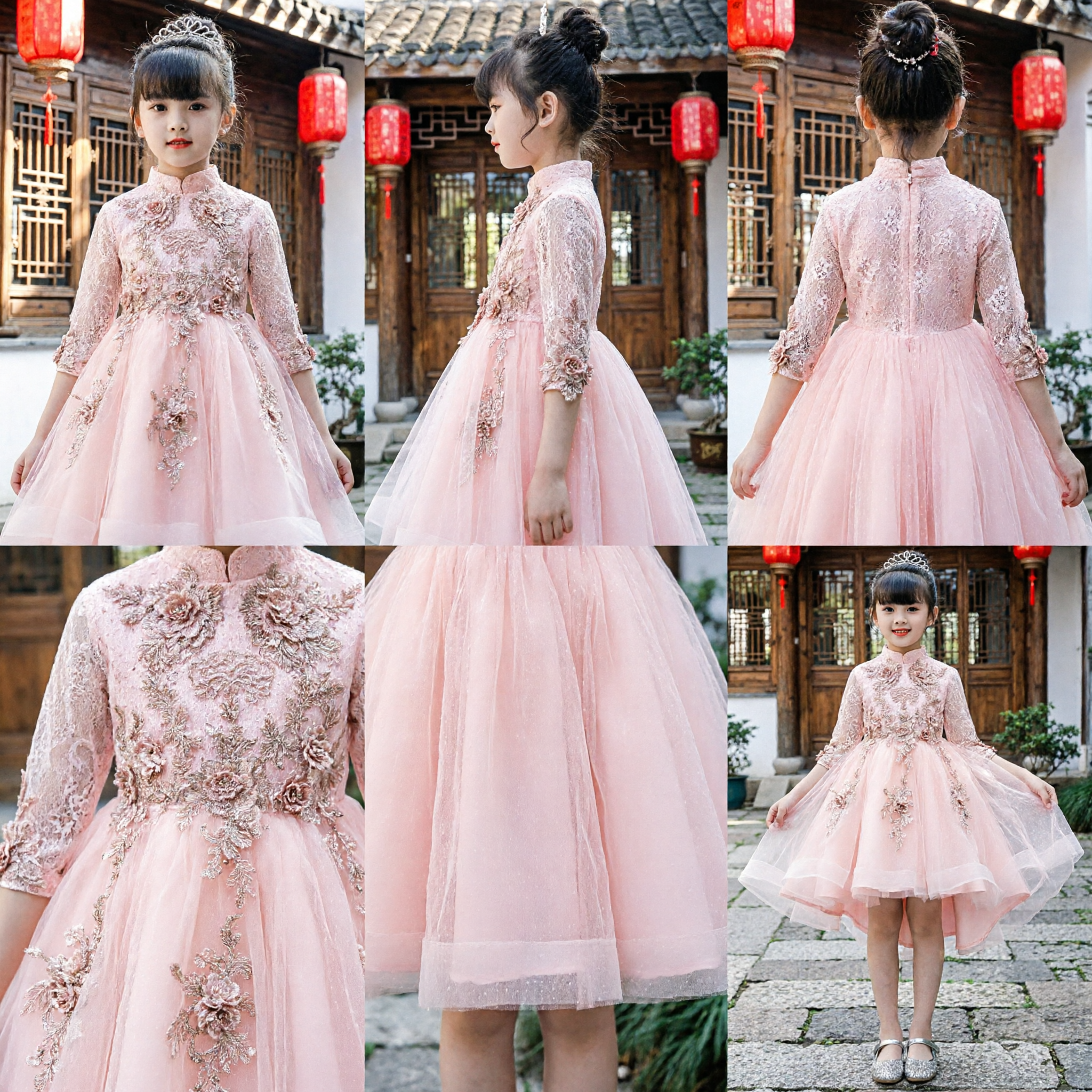 Elegant Pink Kids Traditional Chinese Cheongsam Dress Lace Floral Princess Gown for Wedding Party Hostess Performance