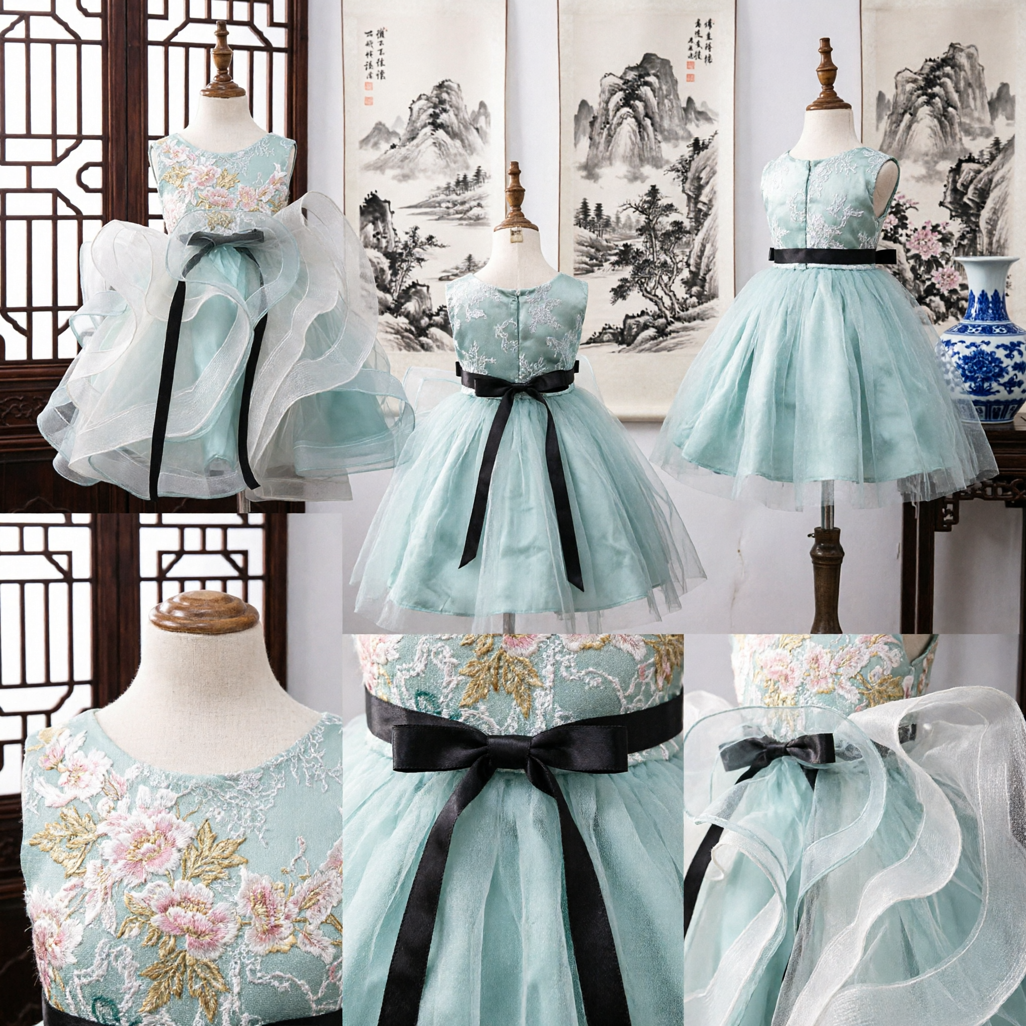 Elegant Girls Floral Embroidery Hanfu Dress Light Blue Tulle Gown for Wedding Party Performance