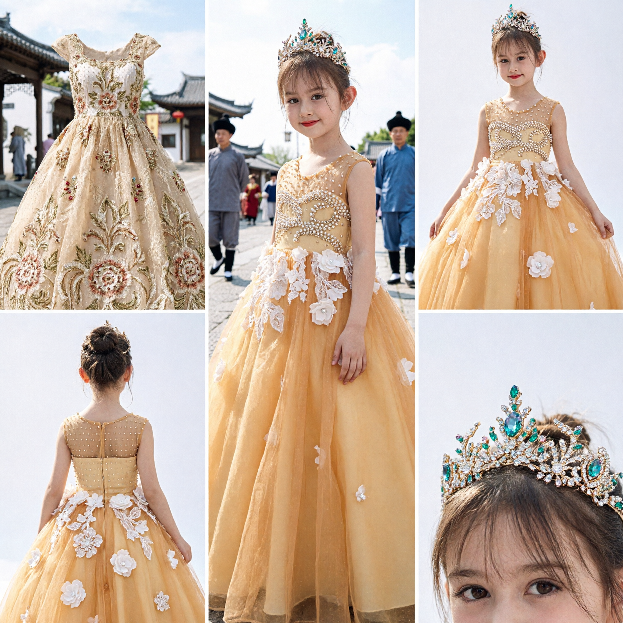 Elegant Yellow Princess Ball Gown for Girls with Pearl Beading and 3D Flowers for Wedding Flower Girl Pageant
