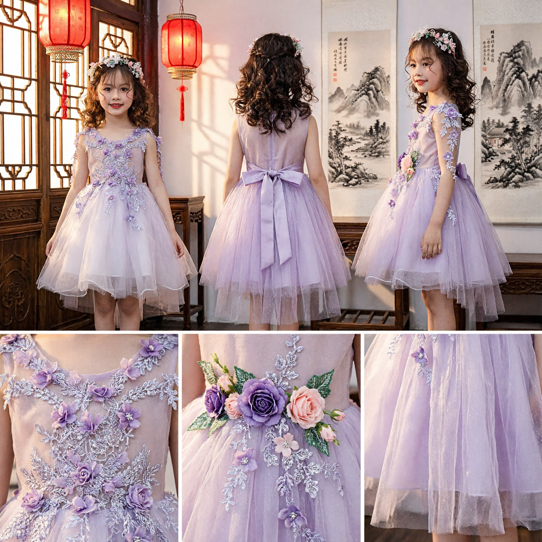Elegant Purple Lace Flower Girl Dress with Floral Applique Tulle Skirt for Kids Wedding Party