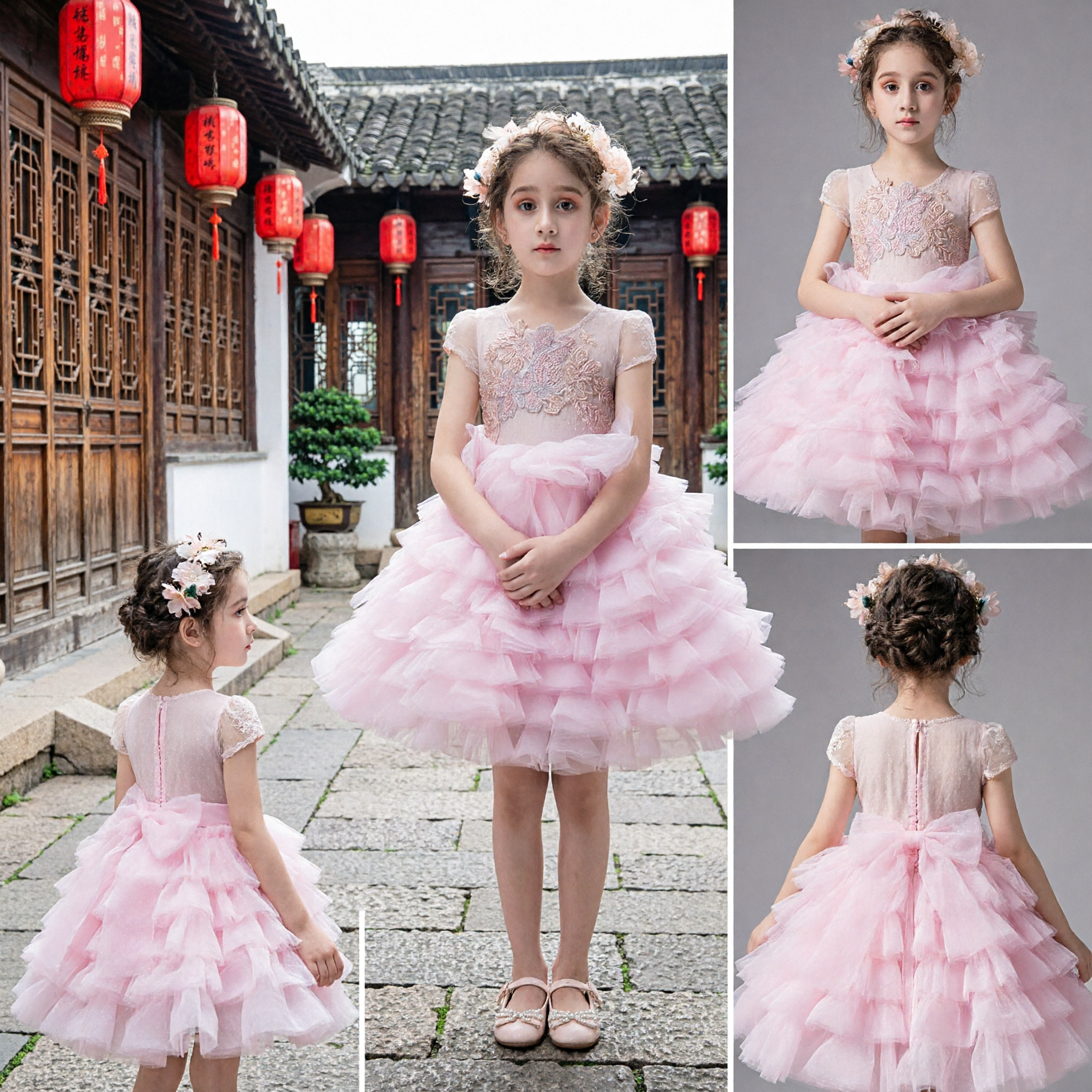 Pink Flower Girl Dress with Ruffled Tulle Skirt and Embroidered Bodice for Weddings and Pageants