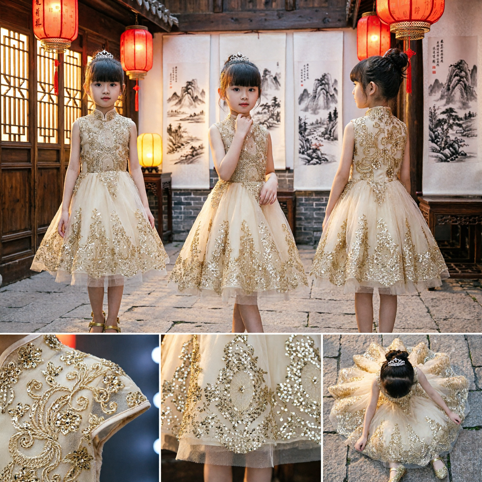 Girls Champagne Gold Embroidered Tulle Princess Dress Formal Wedding Party Performance Stage Gown