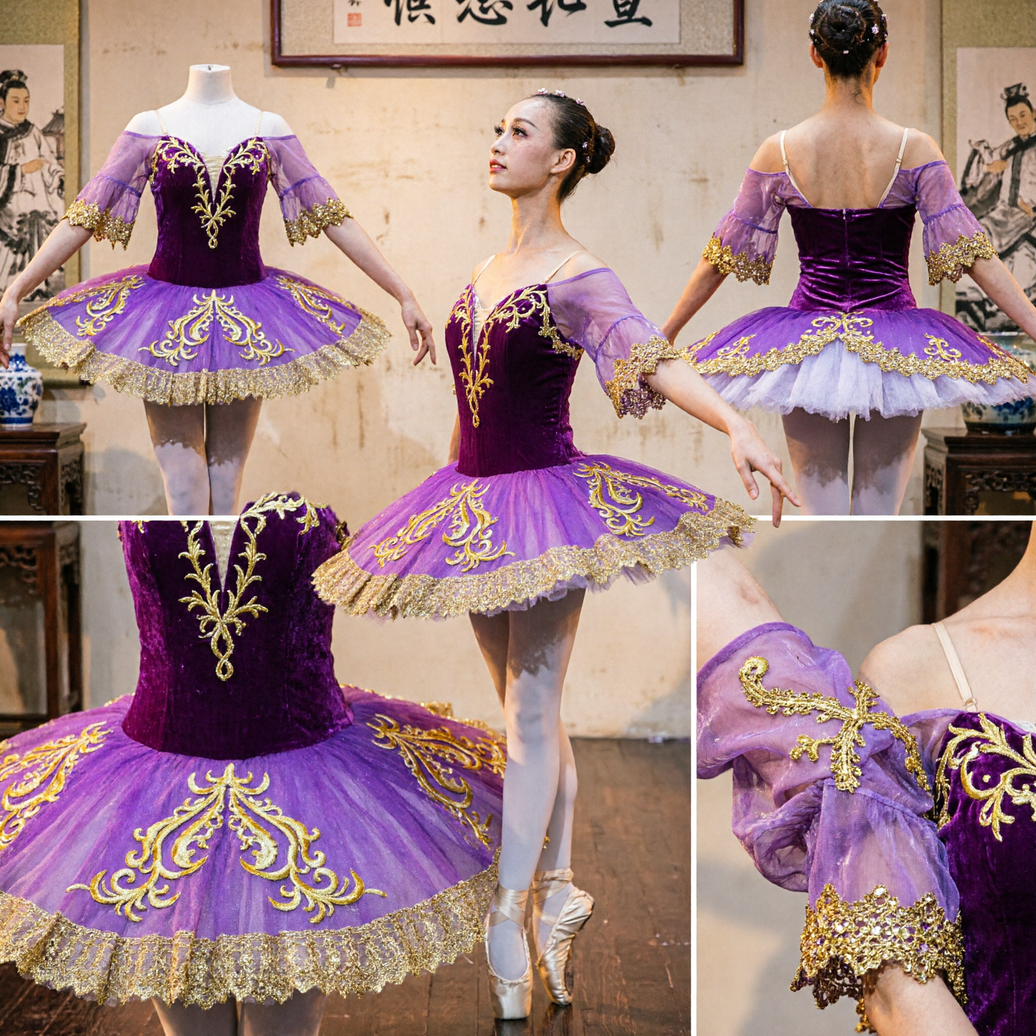 Professional Classical Ballet Tutu Costume Purple Velvet Bodice with Gold Embroidery for Stage Performance and Competition