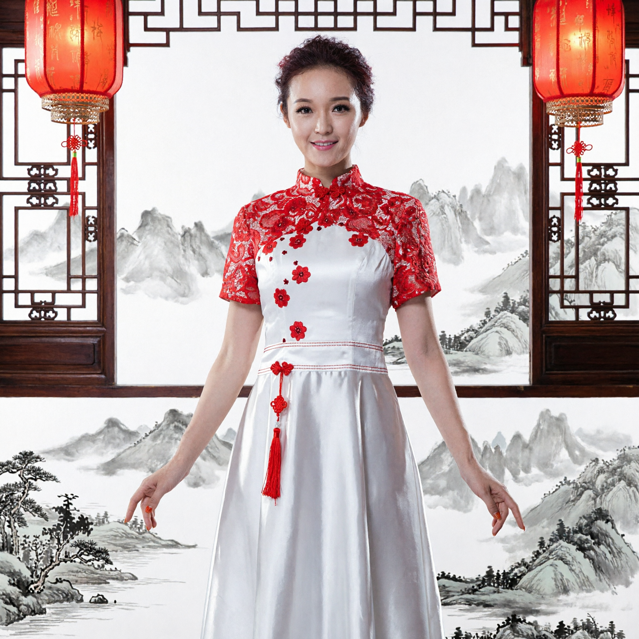 Elegant White and Red Lace Chinese Qipao Wedding Dress Long Formal Evening Gown for Bride