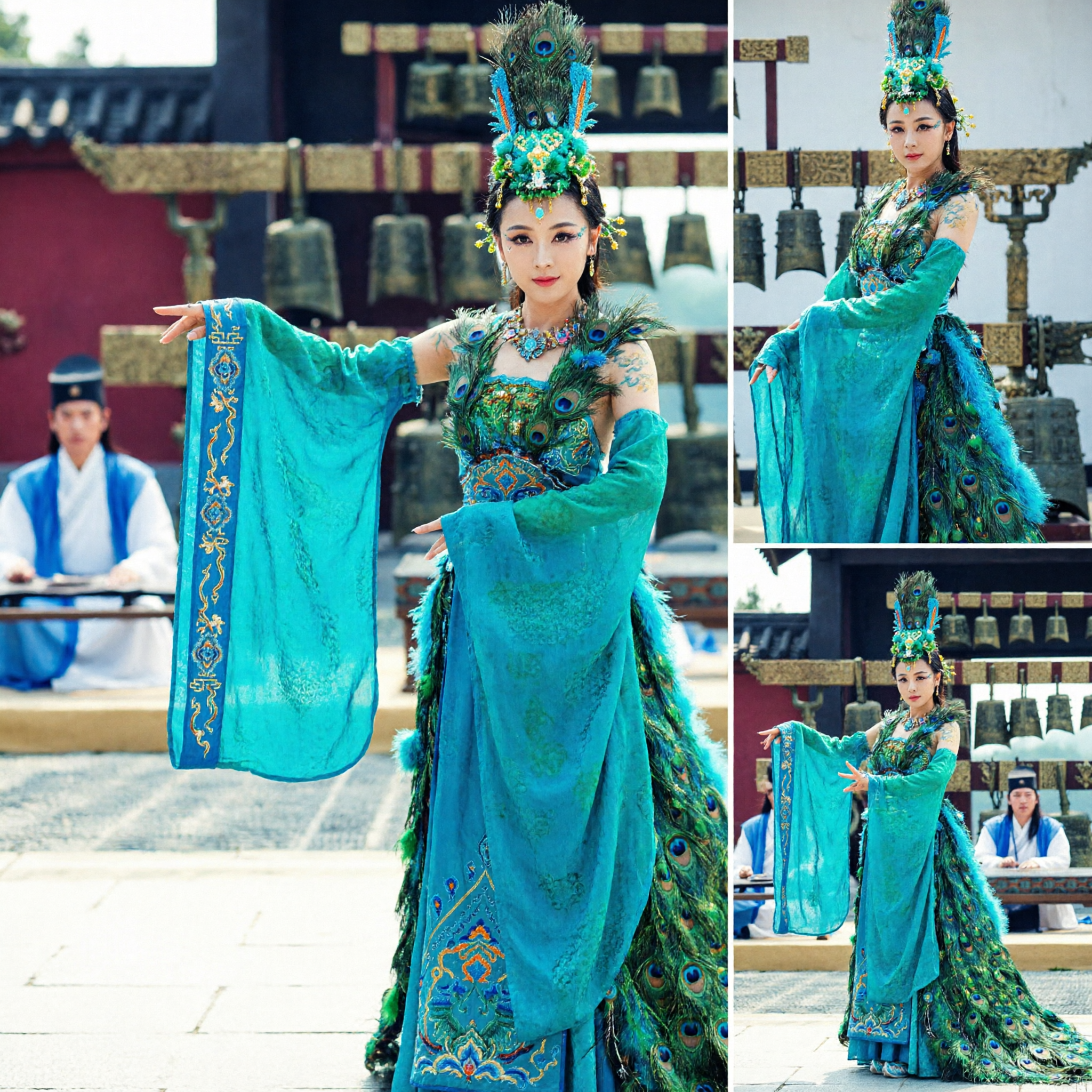 Exquisite Teal Peacock Dance Costume Ancient Chinese Classical Performance Dress with Headdress for Women Stage Show