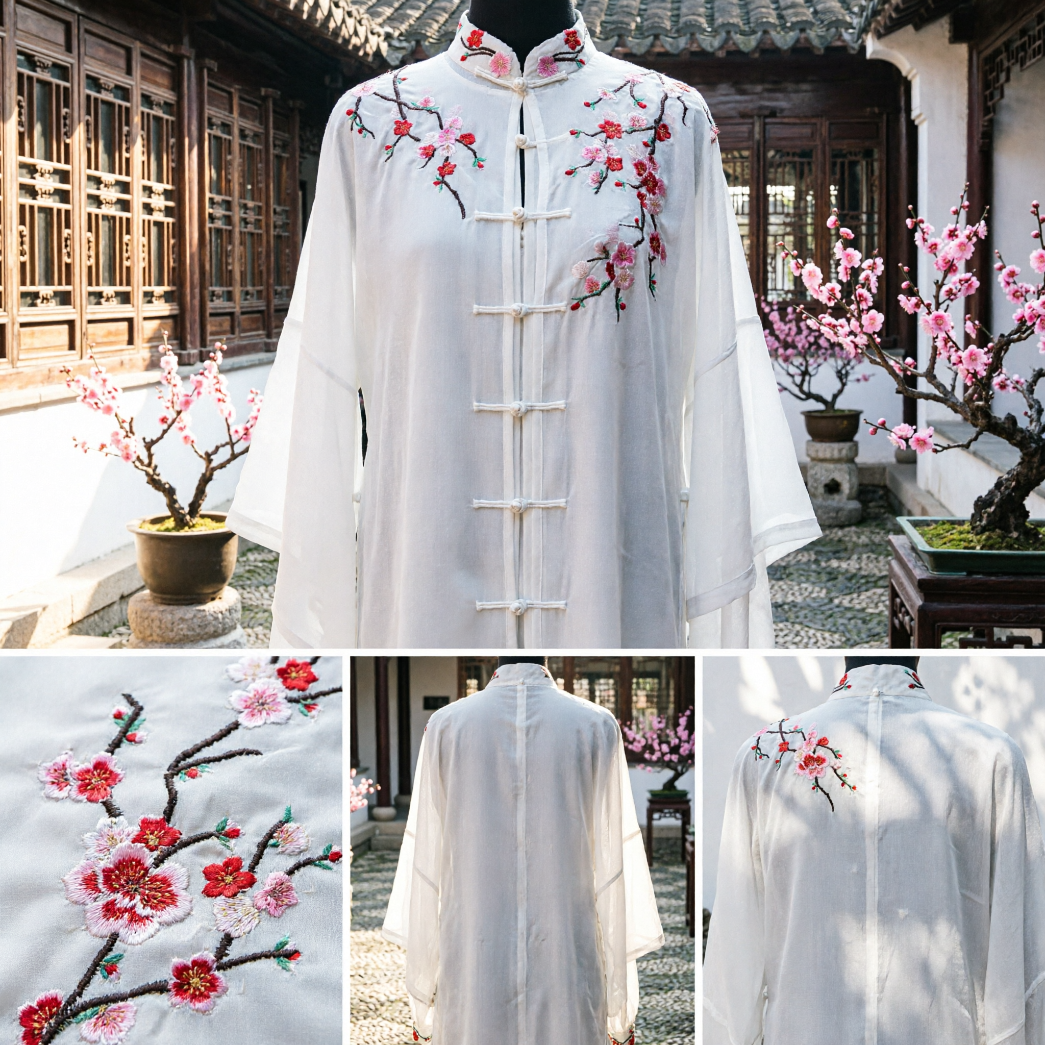 Traditional Chinese Tai Chi Kung Fu Suit White Mandarin Collar Plum Blossom Embroidery Martial Arts Uniform