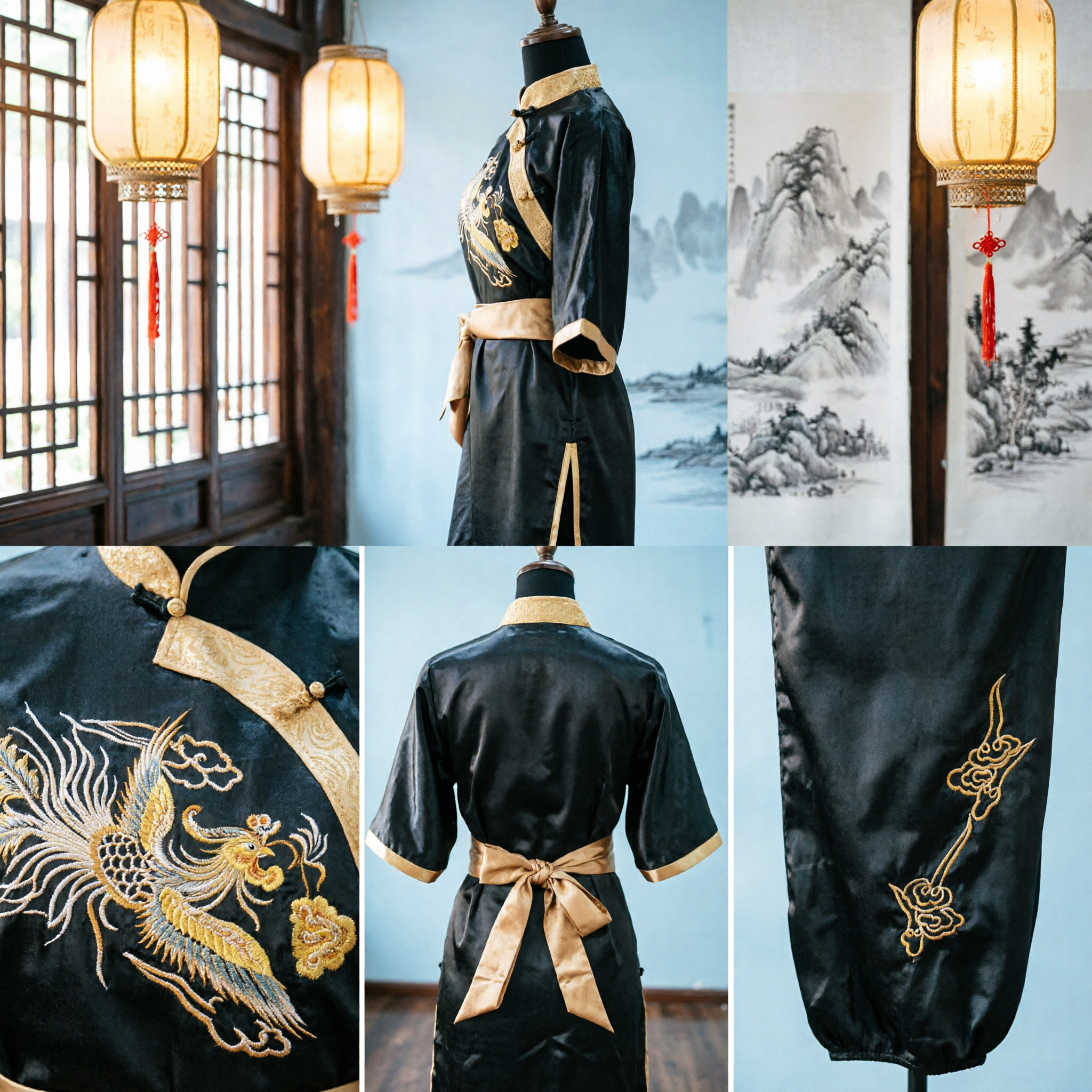Men's Traditional Kung Fu Uniform Set with Gold Dragon and Phoenix Embroidery Wushu Tai Chi Suit