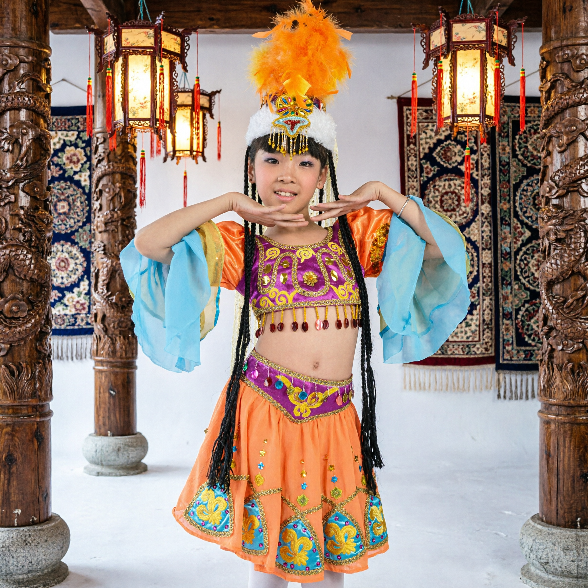 Kids Chinese Uyghur Ethnic Dance Costume Girls Traditional Stage Performance Dress with Feather Hat