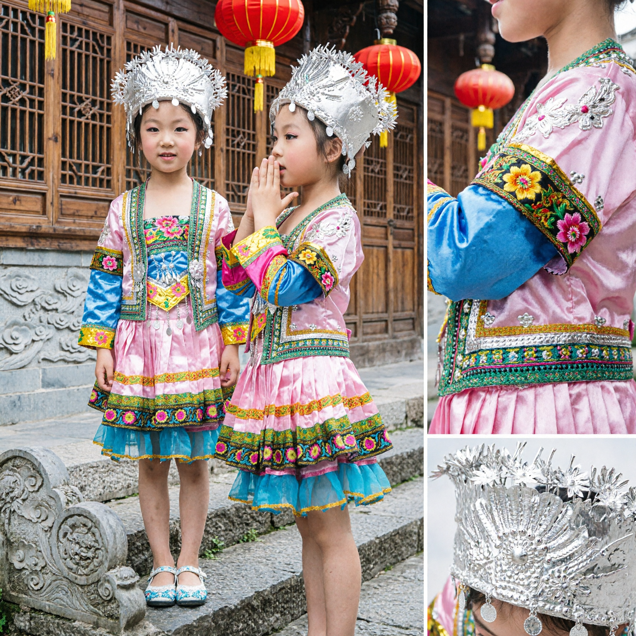 Girls Traditional Chinese Miao Ethnic Dance Costume Pink Embroidered Dress with Silver Headdress for Stage Performance