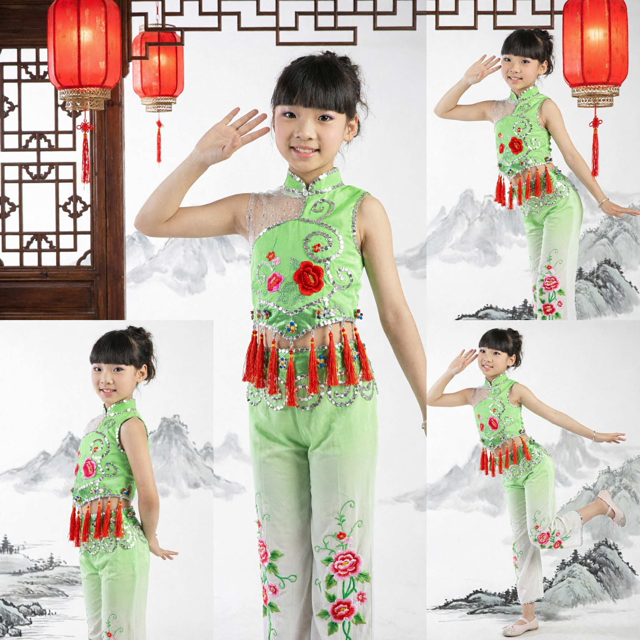 Kids Green Chinese Folk Dance Costume Girls Sequin Yangge Top and Pants Stage Performance Set