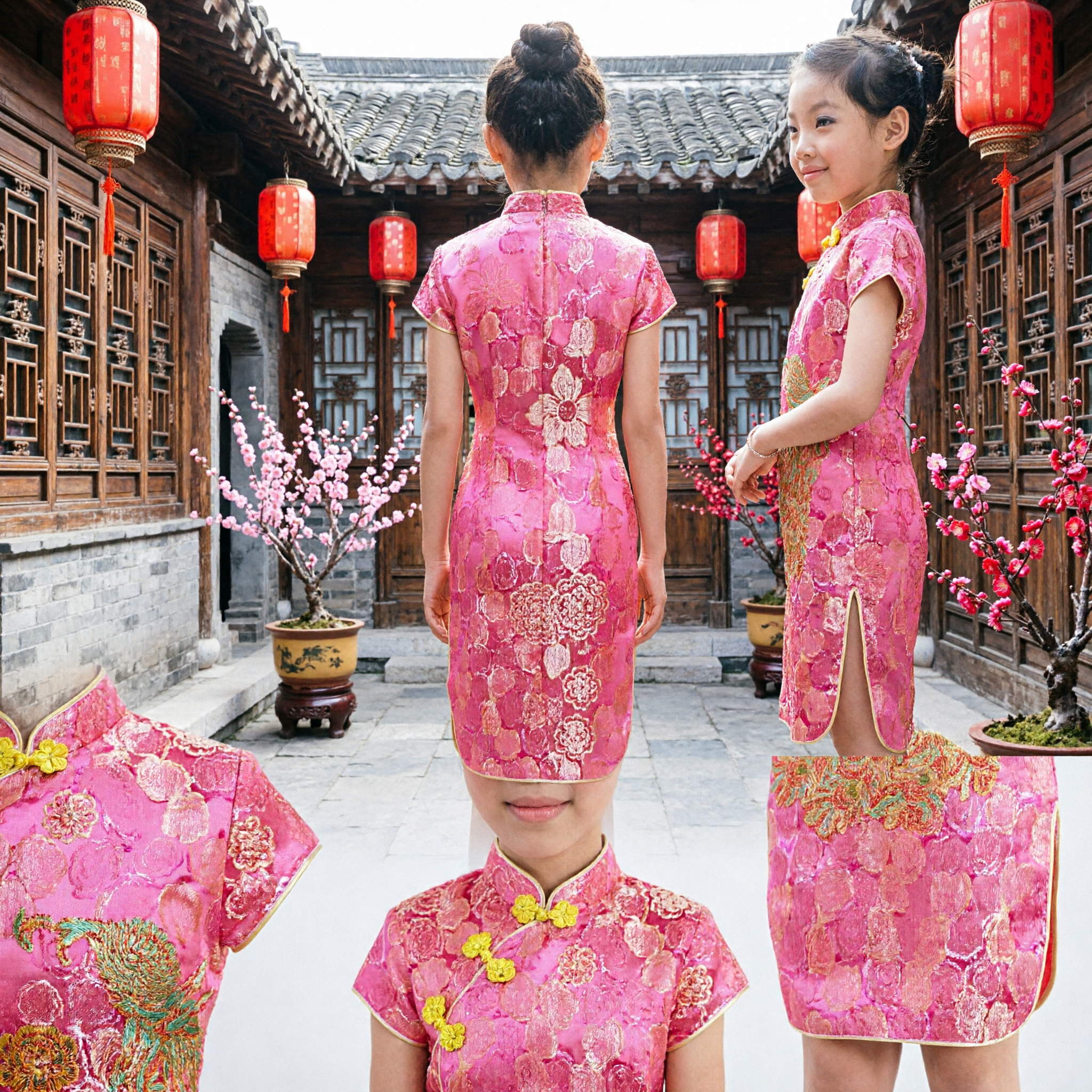 Girls Pink Traditional Chinese Cheongsam Dress Kids Silk Qipao with Peacock Print for Festival and Party