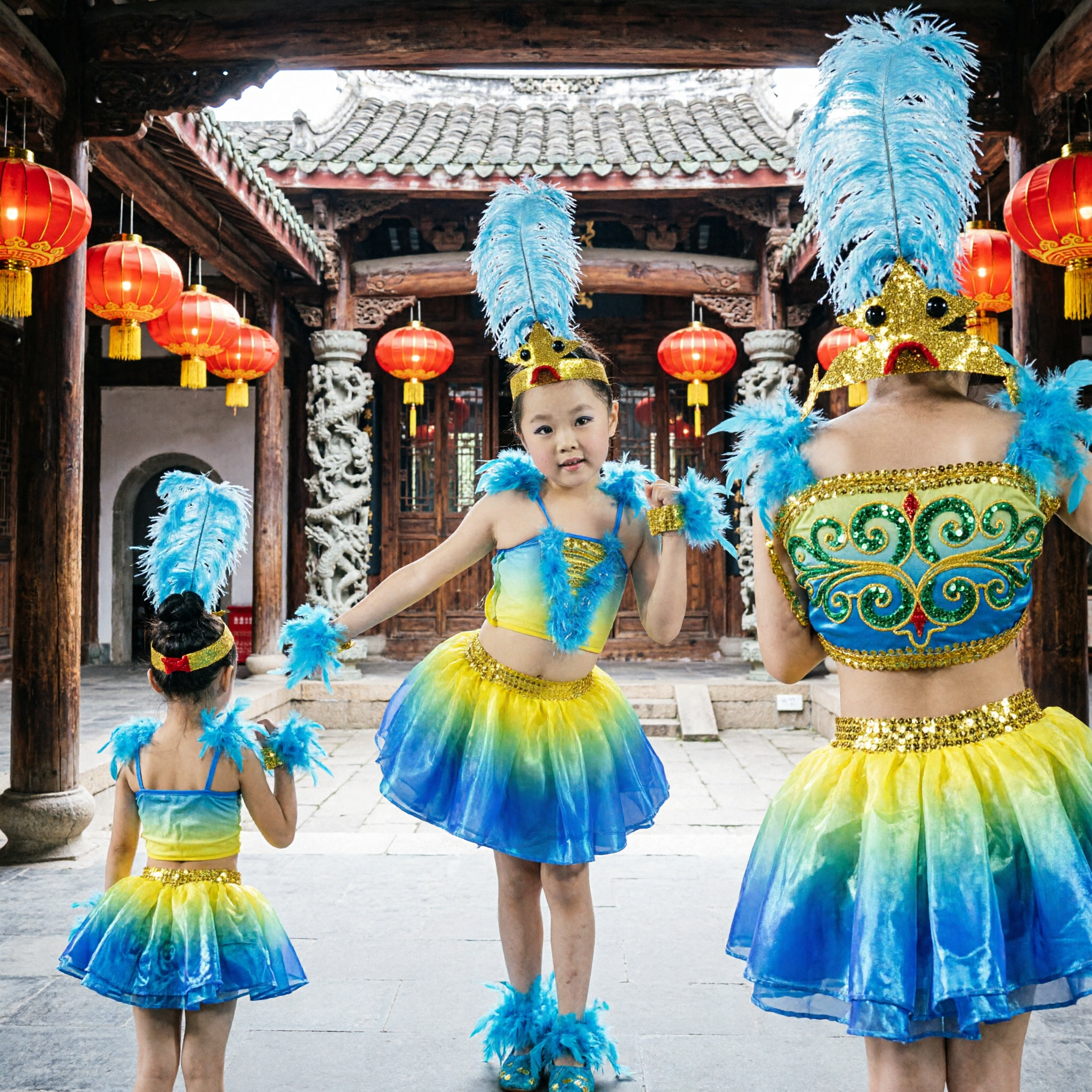 Girls Peacock Bird Dance Costume Blue Yellow Gradient Tutu Dress with Feather Headpiece for Stage Performance