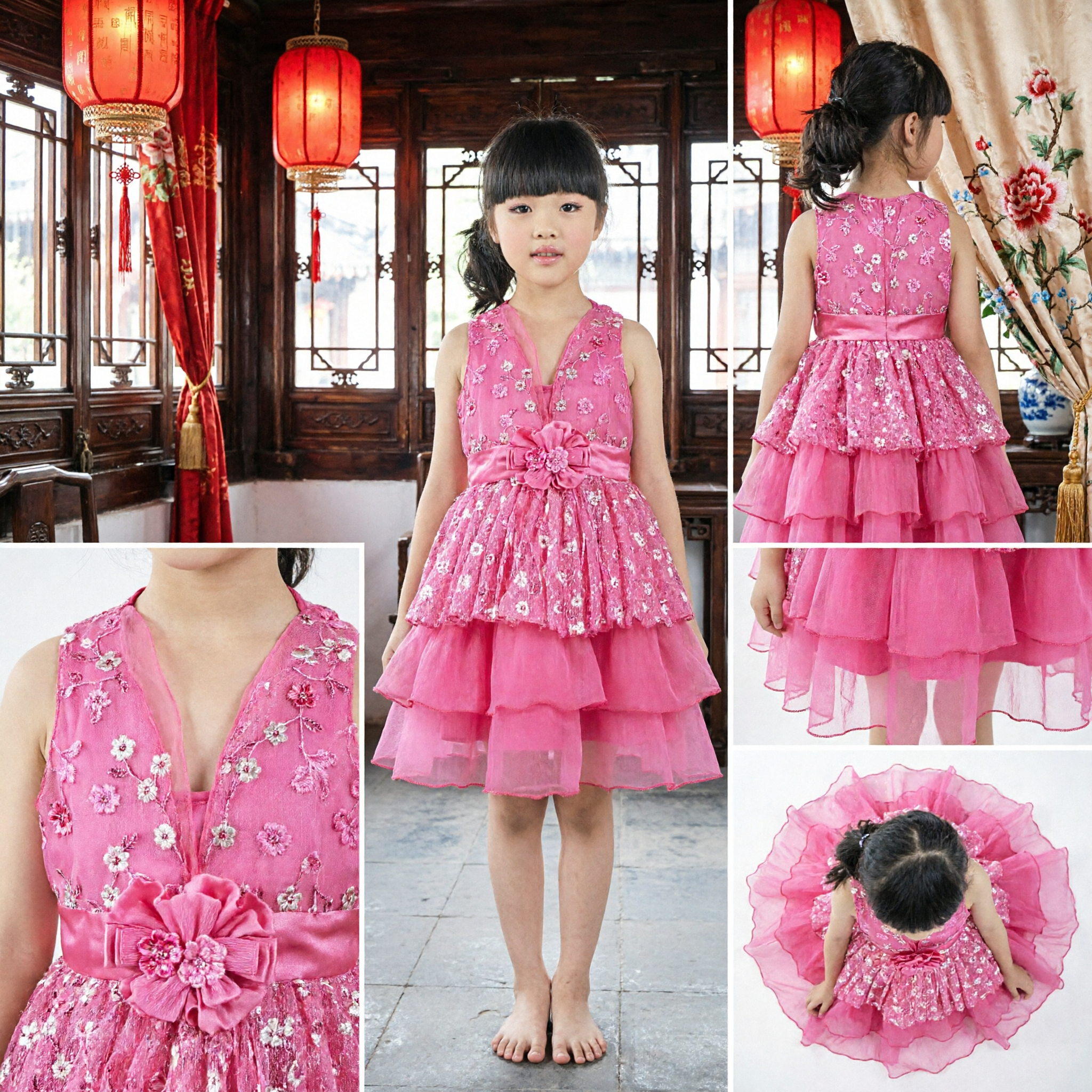 Girls Pink Sleeveless Performance Dress with Sequin Bodice and Layered Chiffon Skirt for Parties
