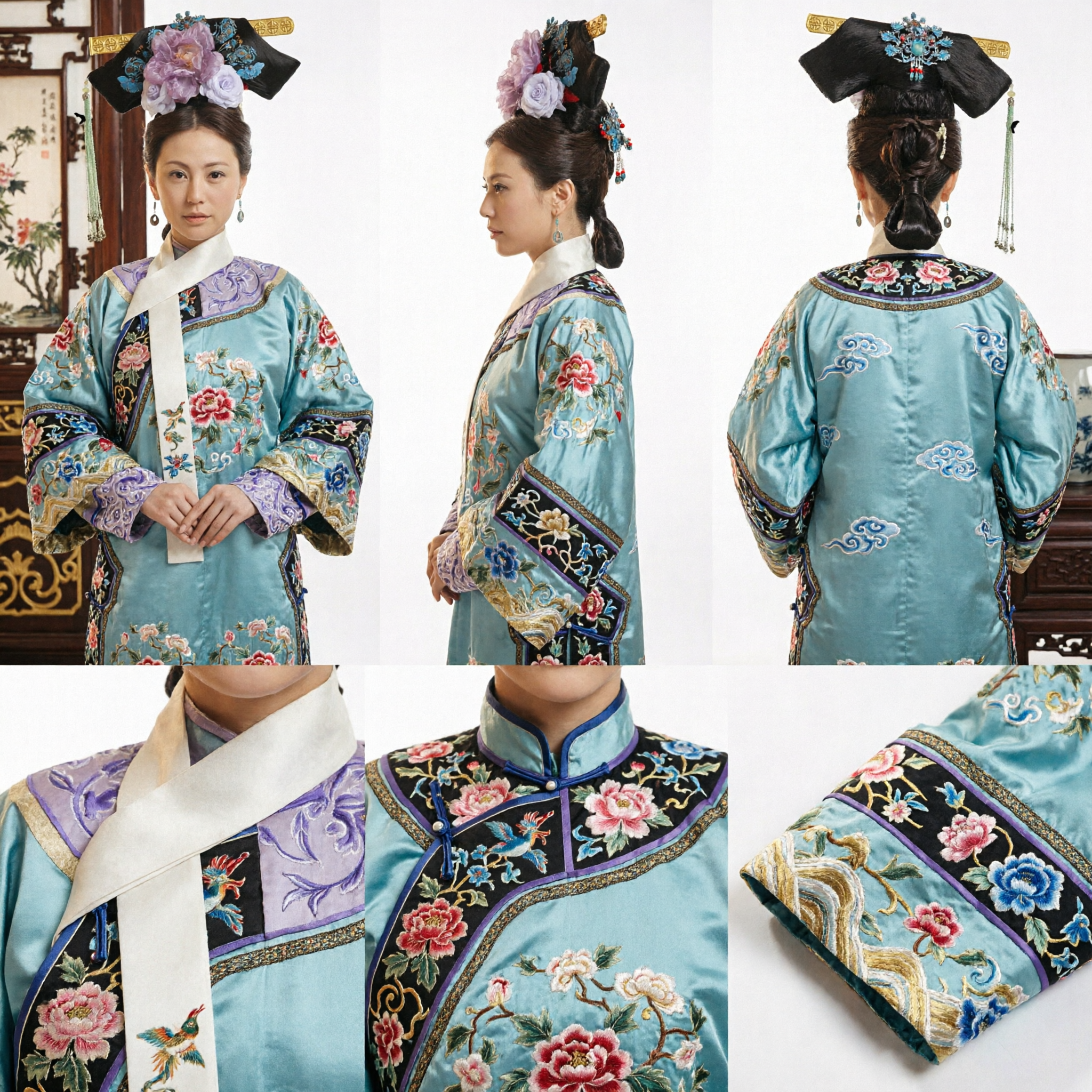 Traditional Chinese Qing Dynasty Palace Headdress with Purple Flowers Ancient Drama Costume Hair Crown for Women