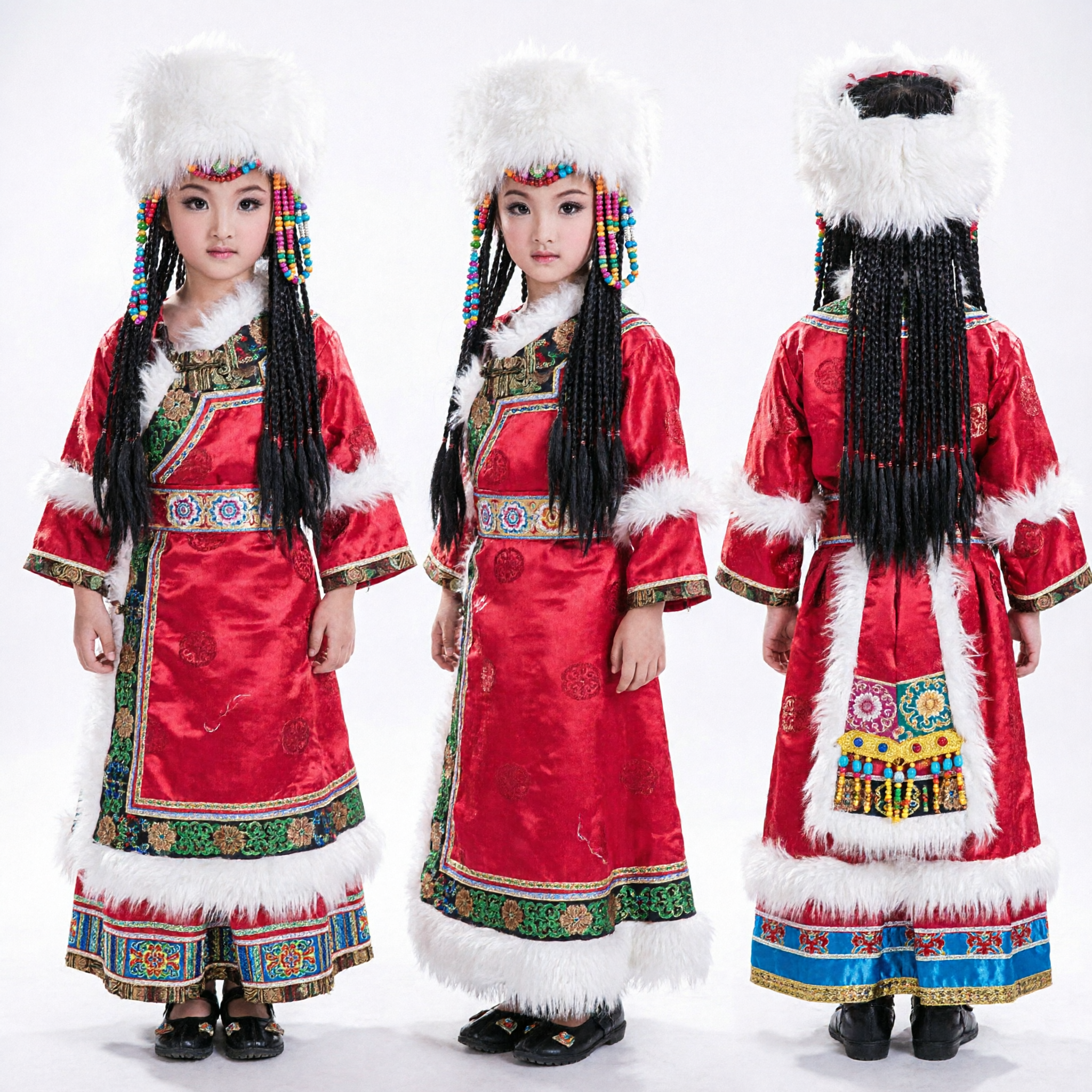 Traditional Tibetan Mongolian Ethnic Dance Costume for Kids Girls Red Robe Fur Hat Stage Performance