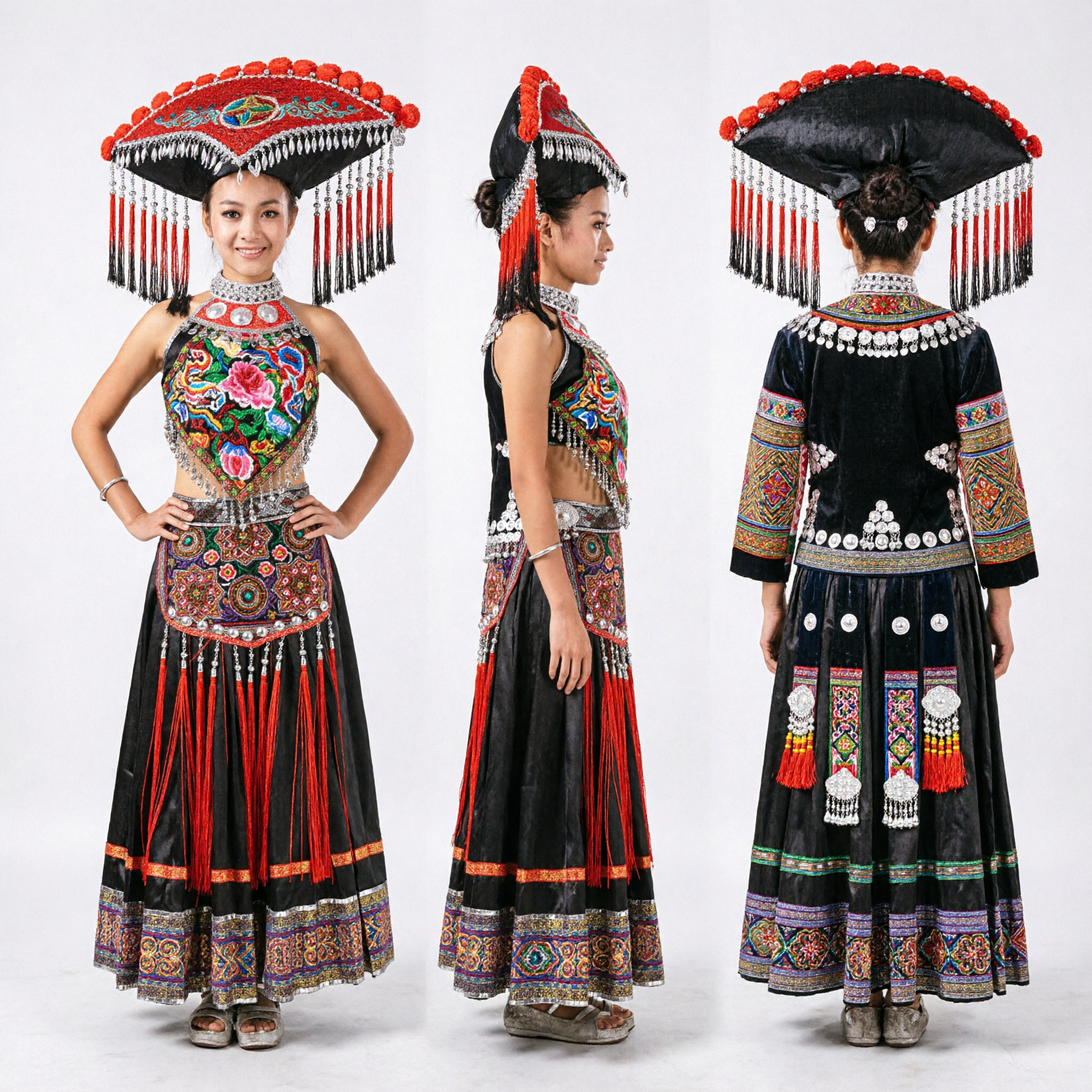 Women's Traditional Chinese Miao Ethnic Embroidered Folk Dance Costume Complete Set with Tassel Headdress