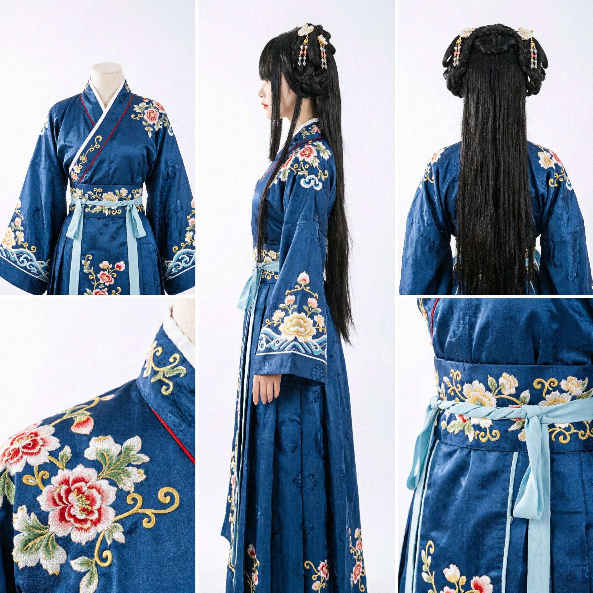 Traditional Chinese Ancient Style Black Wig with Braided Buns and Floral Hairpins for Hanfu Cosplay