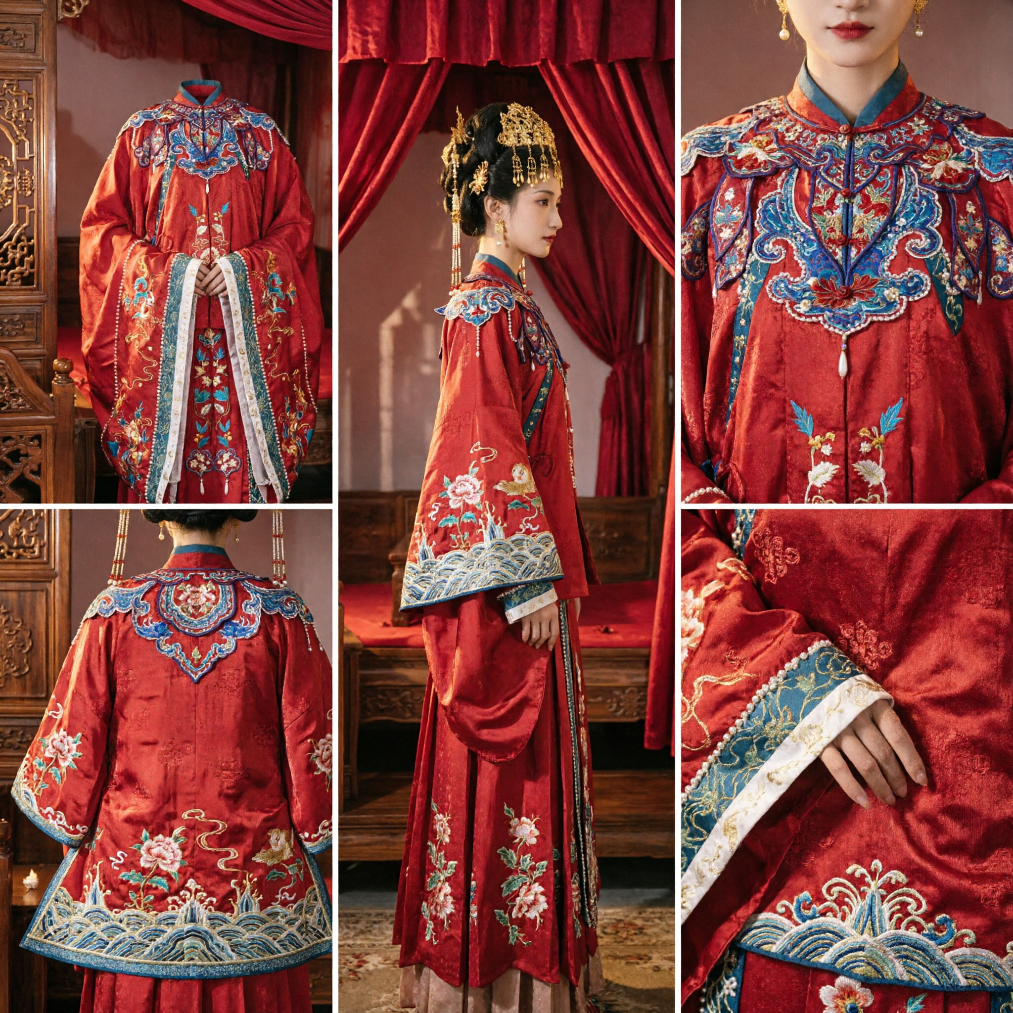 Traditional Chinese Ming Dynasty Wedding Dress Ancient Bride Hanfu Costume Red Embroidered Robe with Phoenix Crown
