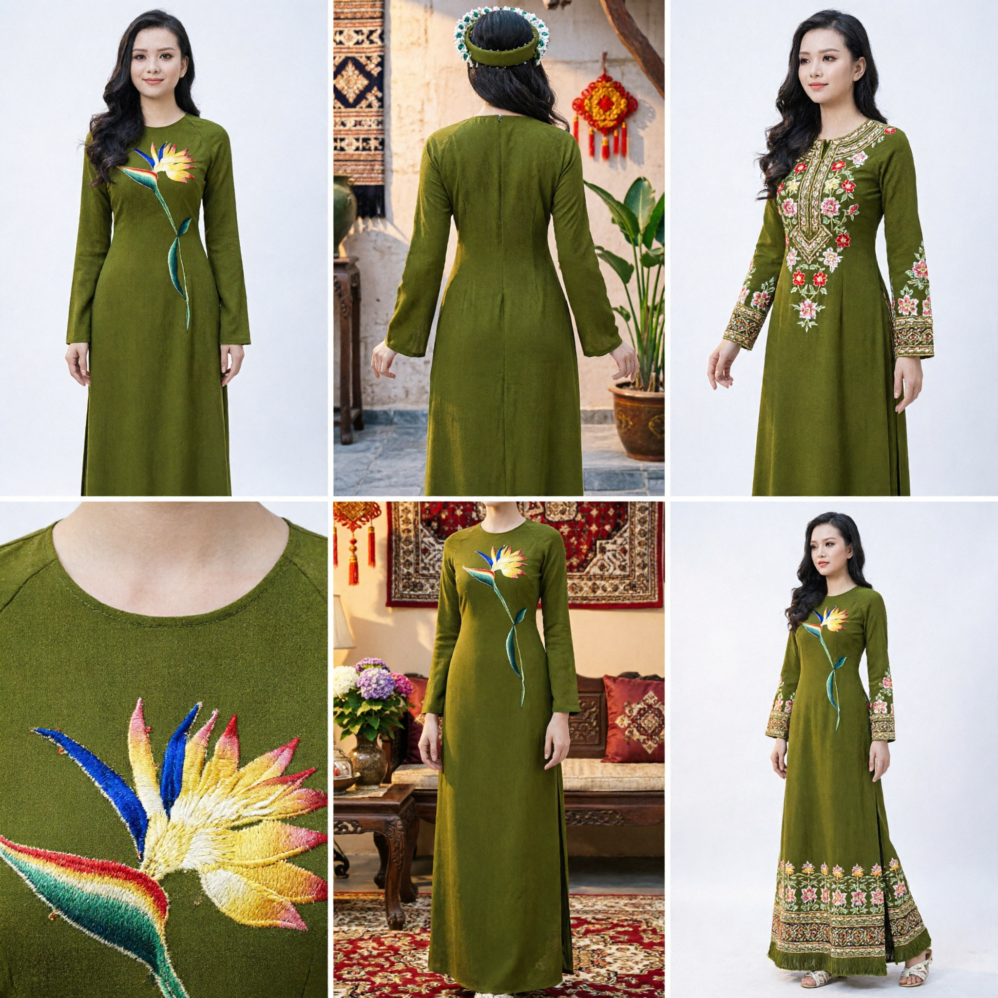 Elegant Green Vietnamese Ao Dai Long Dress for Women with Bird of Paradise Floral Print Traditional Costume