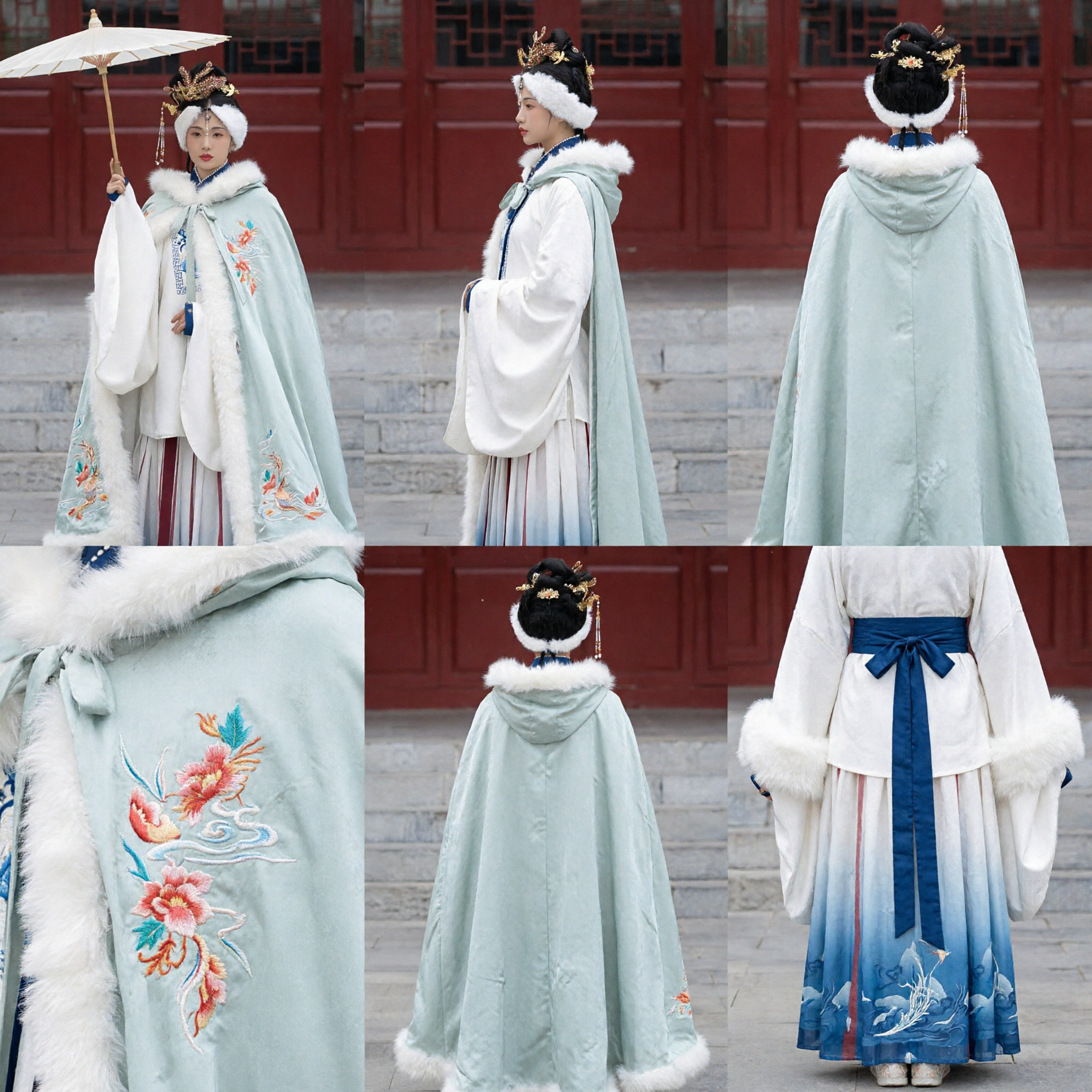 Ancient Chinese Traditional Hanfu Ming Dynasty Style White Fur Trim Cloak Cape Embroidery Costume for Women