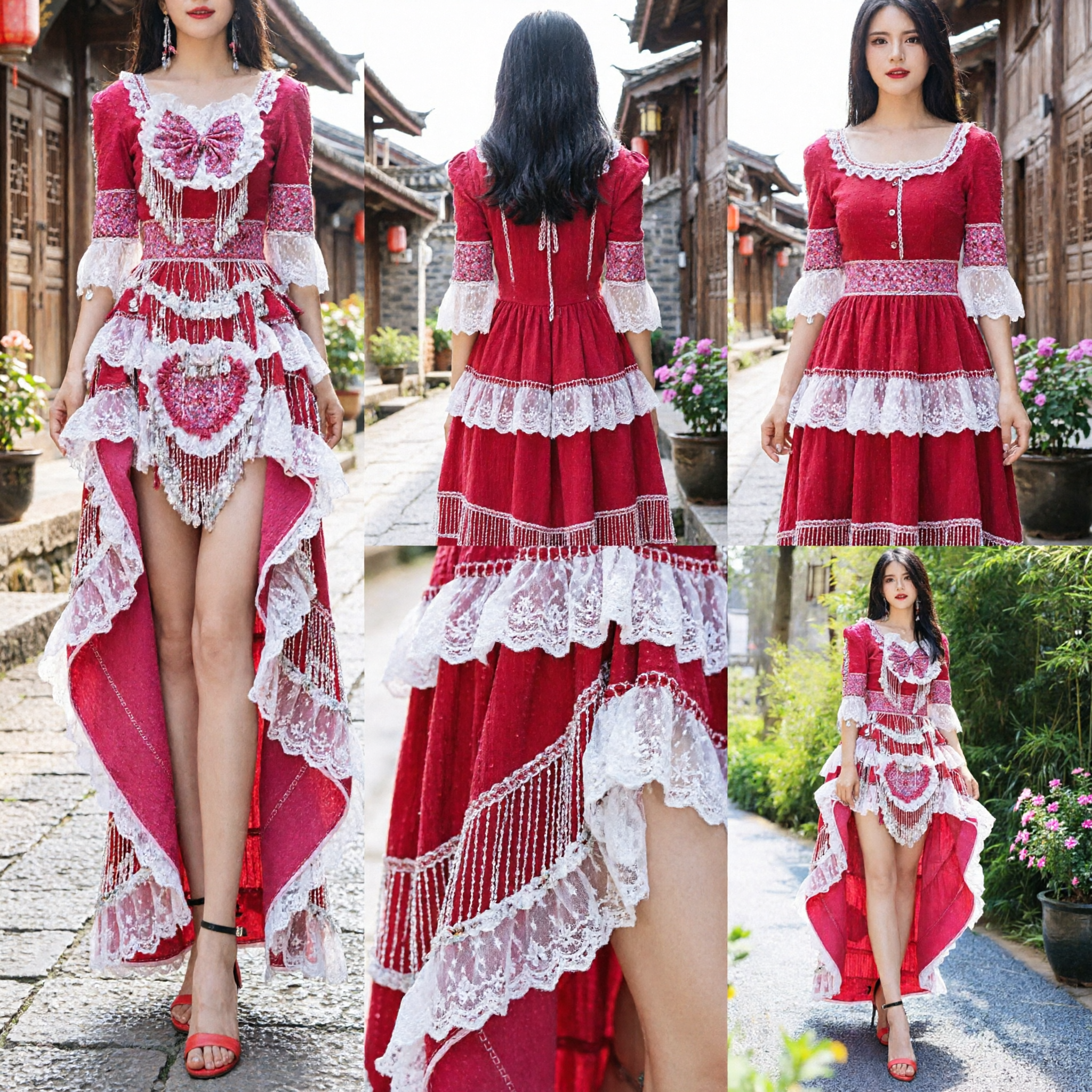 Women's Red Traditional Chinese Ethnic Dance Costume with Tassels and Ruffles for Stage Performance