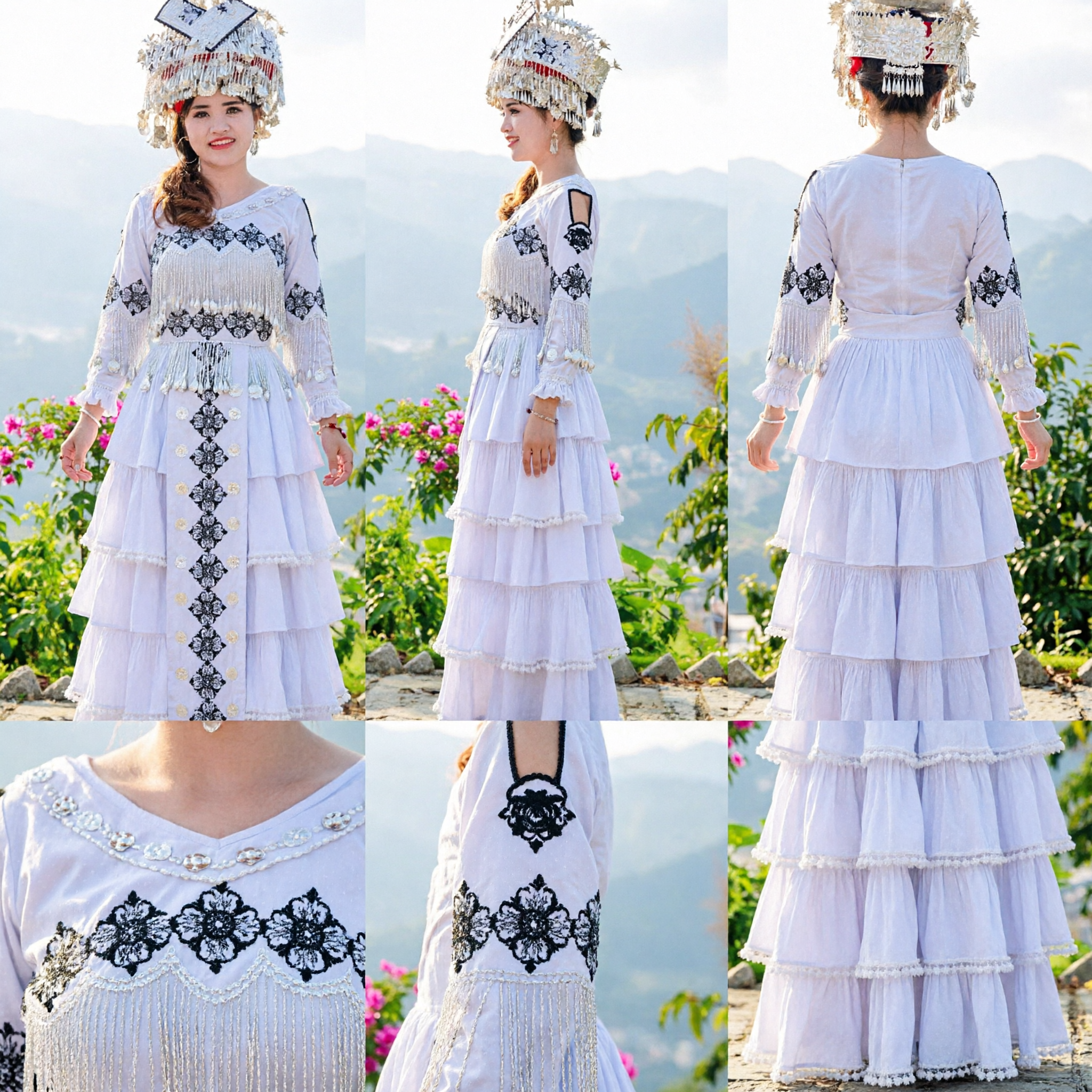 Traditional Chinese Miao Ethnic Costume White Embroidered Tiered Dress with Headdress for Women Folk Dance Performance