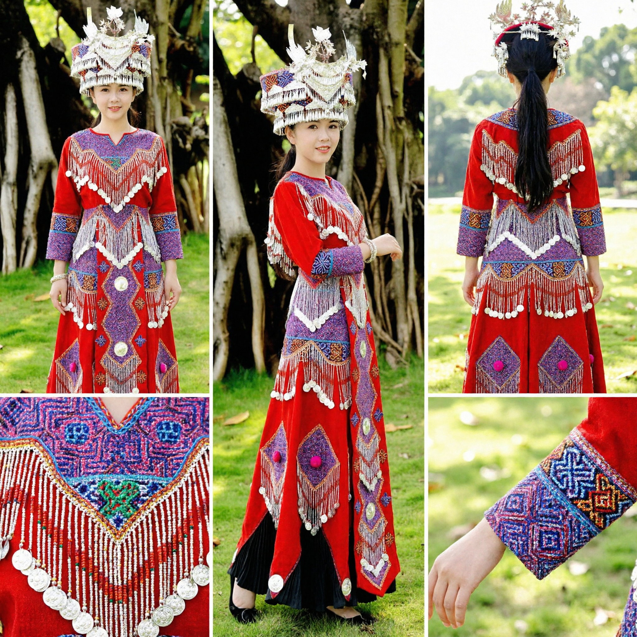 Traditional Chinese Miao Ethnic Costume Red Embroidered Long Dress with Silver Headdress for Women Folk Dance Performance
