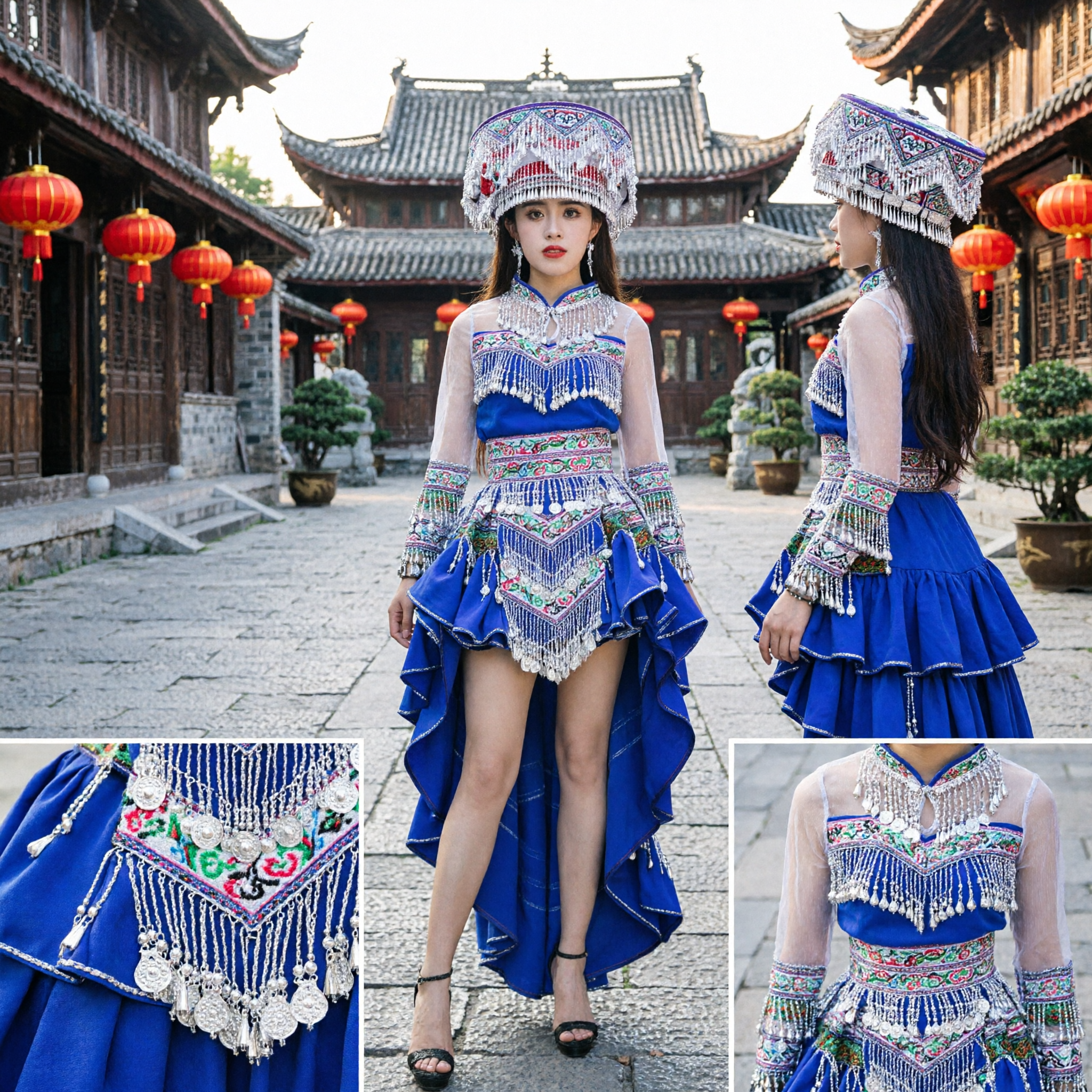 Traditional Chinese Miao Ethnic Minority Costume Blue Silver Embroidery Stage Dance Dress with Headdress for Women