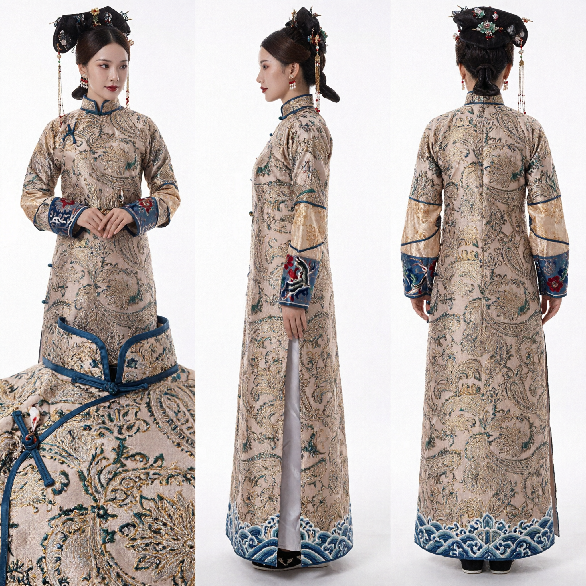 Ancient Chinese Qing Dynasty Manchu Princess Costume Traditional Palace Embroidery Robe for Women