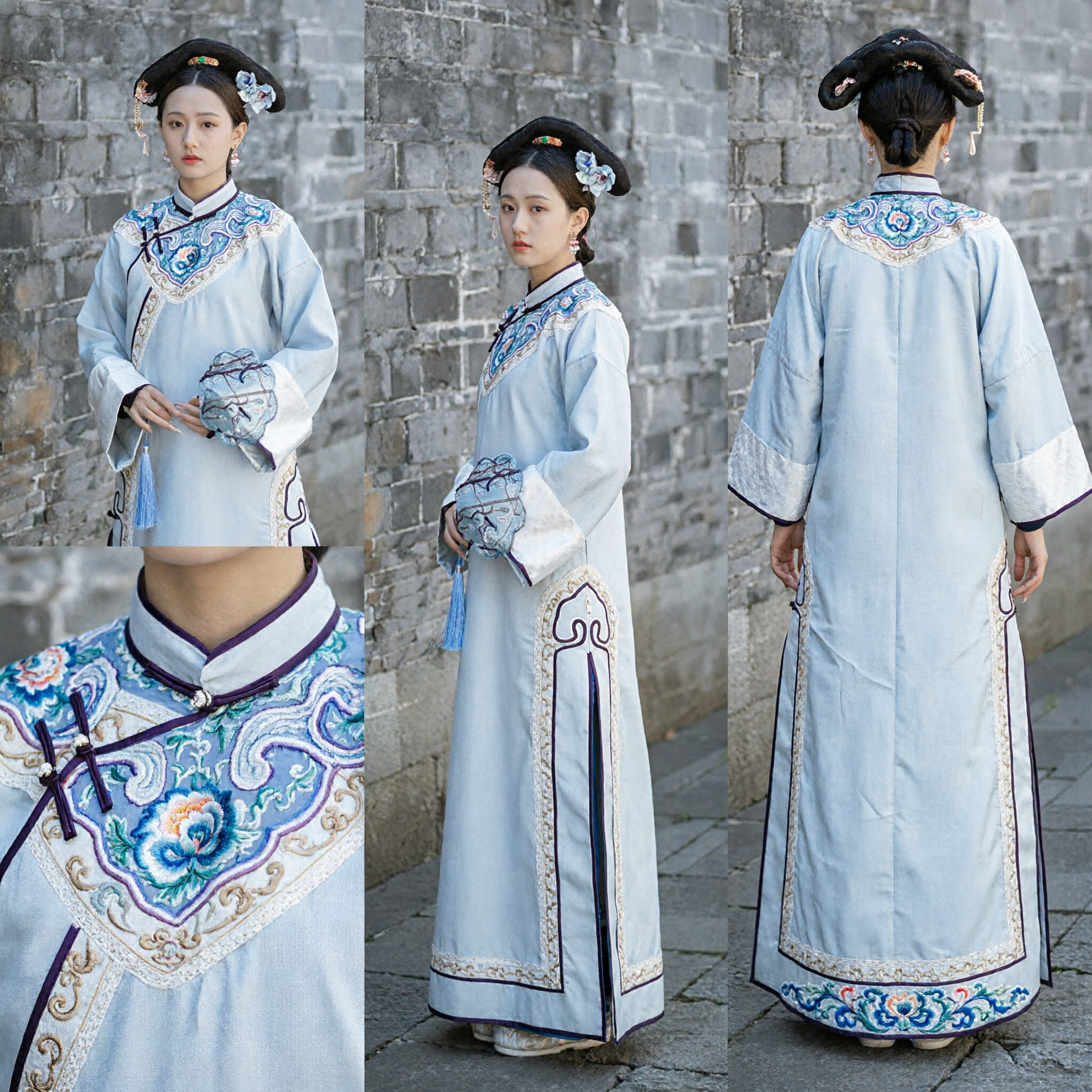 Traditional Chinese Qing Dynasty Manchu Noble Lady Costume Light Blue Embroidered Robe for Women Cosplay Stage Performance