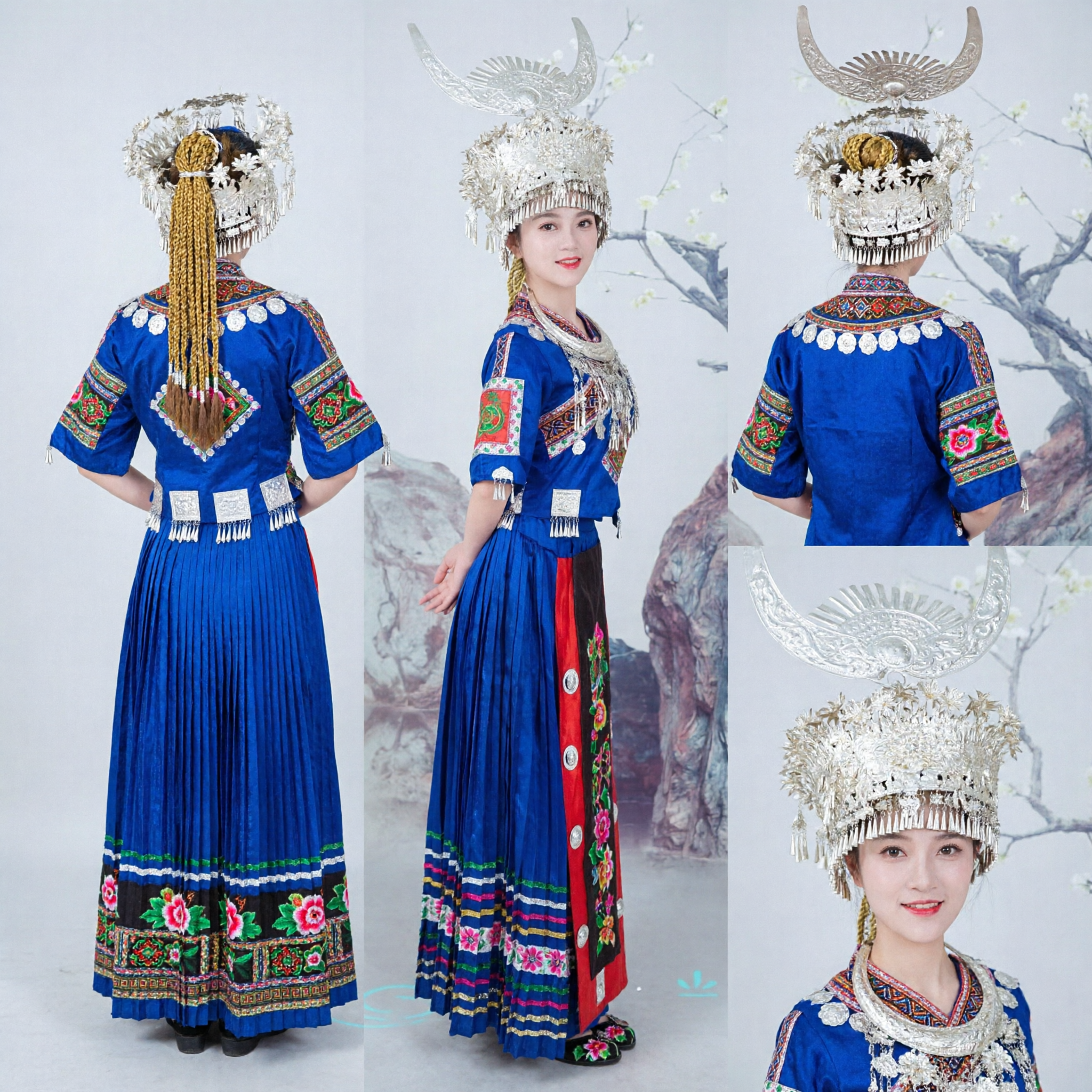 Traditional Chinese Miao Ethnic Blue Embroidered Dress with Silver Headdress for Women Folk Dance Performance