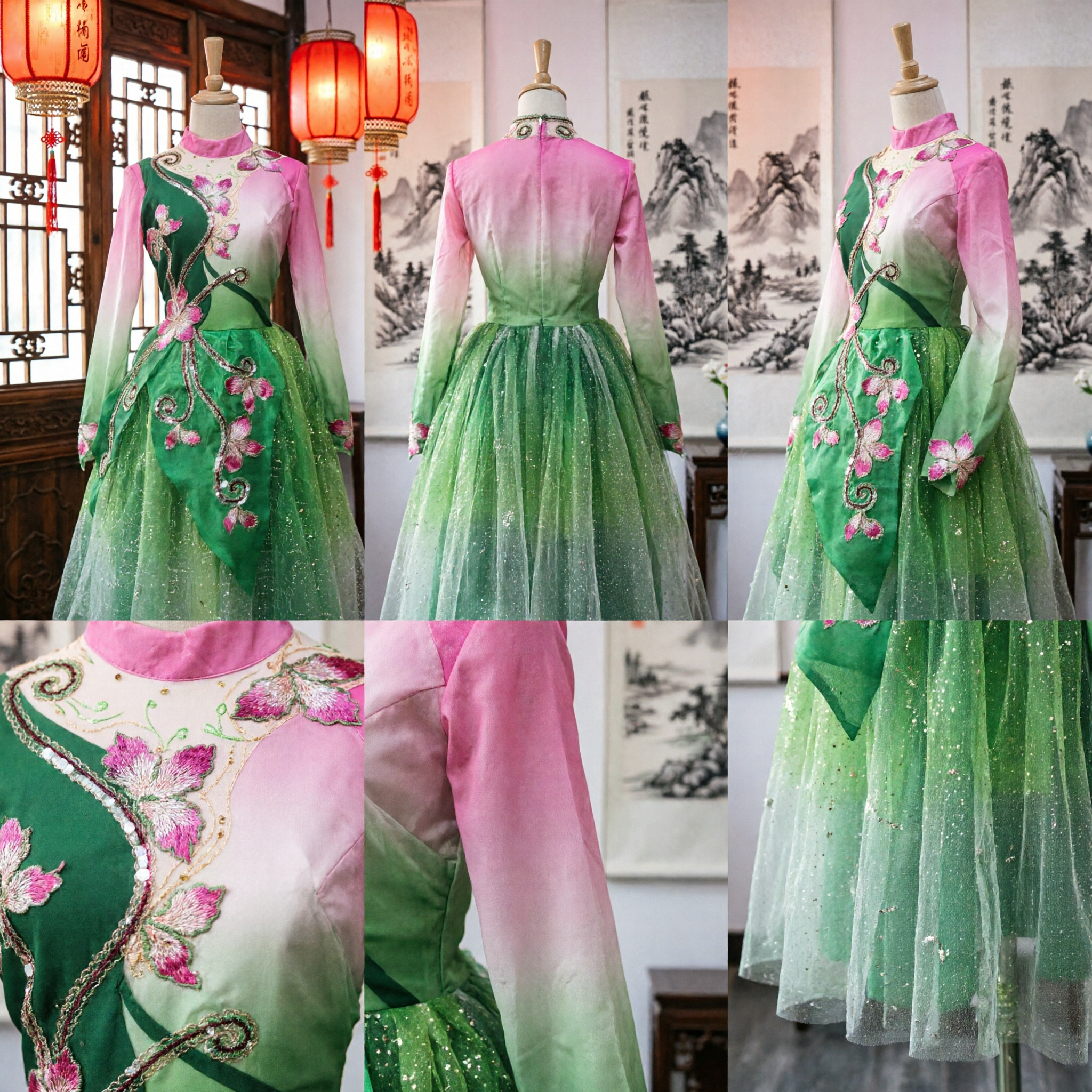 Chinese Traditional Folk Dance Costume Green Lotus Embroidery Stage Performance Dress for Women