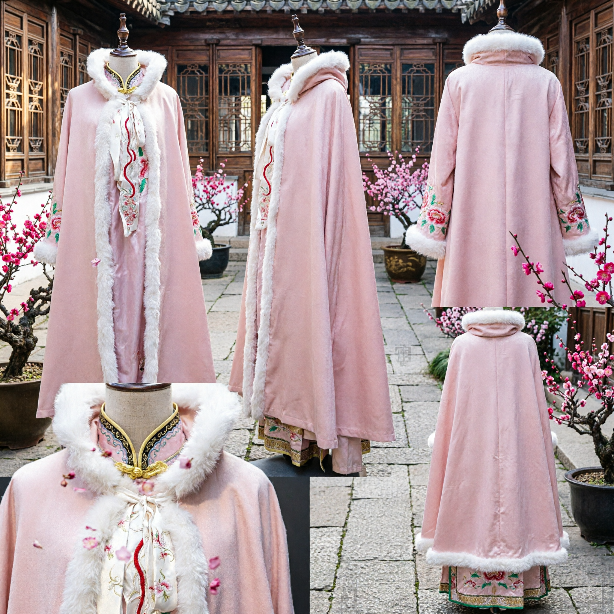 Pink Winter Cloak with White Fur Trim Traditional Chinese Hanfu Cape for Women Cosplay