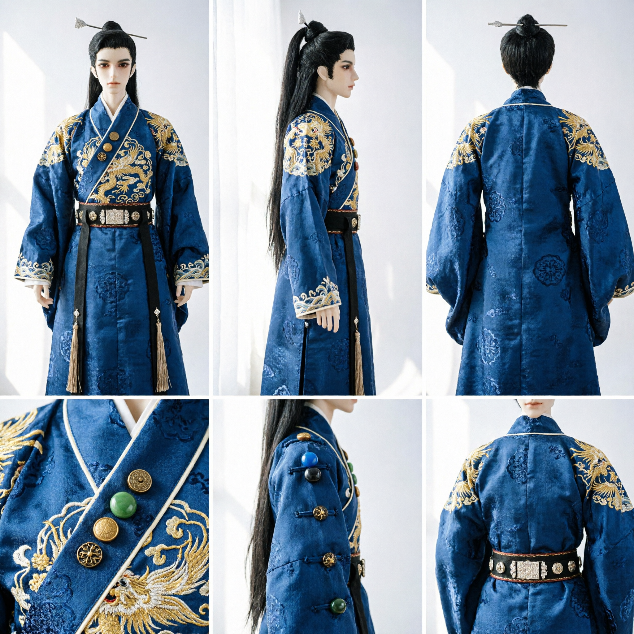 Ancient Chinese Male Wig High Ponytail Cosplay Hairpiece Traditional Hanfu Wuxia Swordman Style with Silver Hairpins