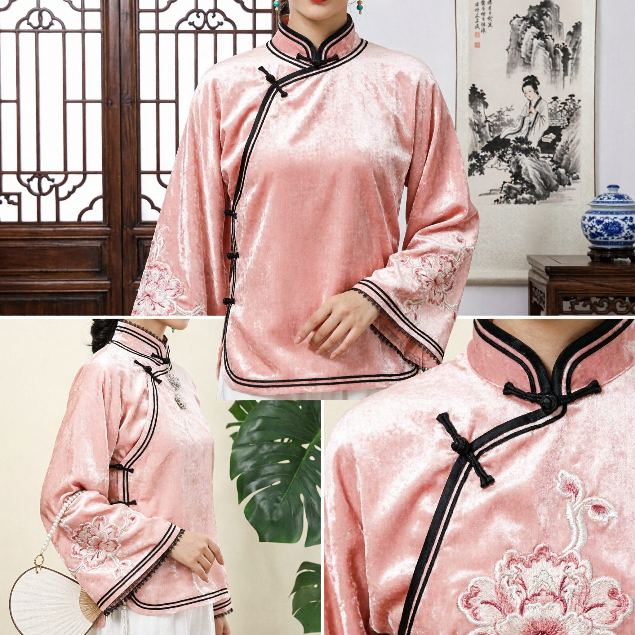 Women's Pink Traditional Chinese Tang Suit Silk Blouse Mandarin Collar Vintage Kung Fu Tai Chi Top