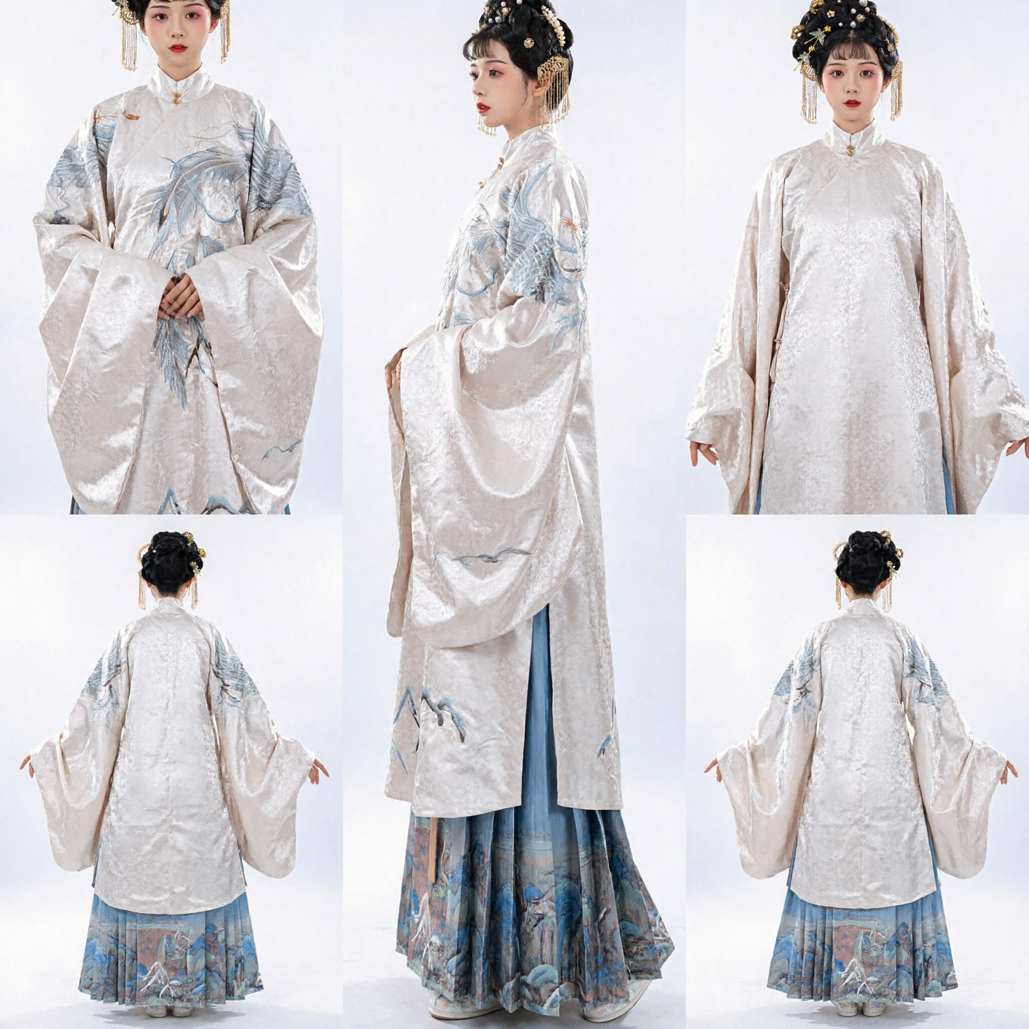 Traditional Chinese Hanfu Ming Dynasty Aoqun Set Cream Crane Embroidery Standing Collar Top and Blue Landscape Skirt for Women