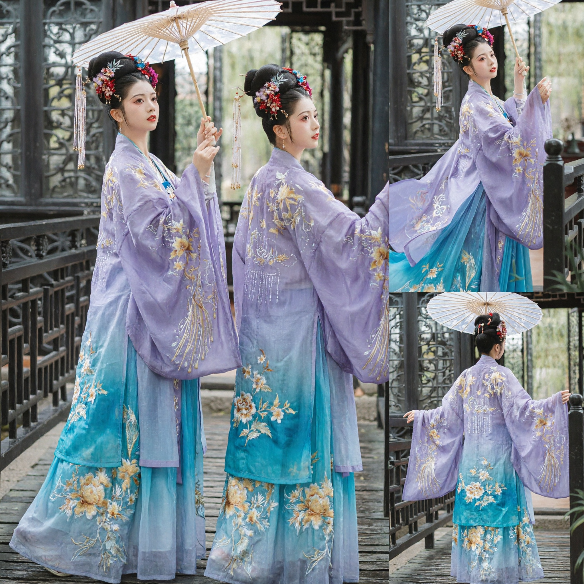 Traditional Chinese Hanfu Dress Women Purple Embroidered Robe Blue Skirt Ancient Costume for Performance