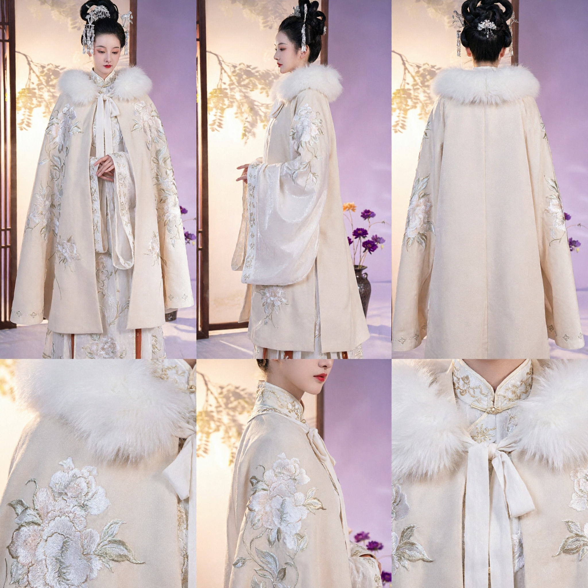 Traditional Chinese Hanfu Winter Cloak Cream Embroidered Cape with Fur Collar Ming Dynasty Style Costume for Women
