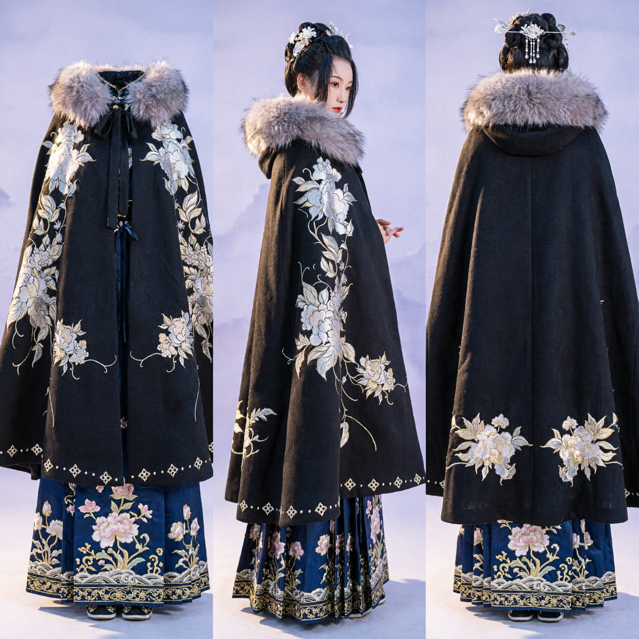Chinese Traditional Hanfu Black Cloak with Fur Collar and Floral Embroidery Winter Ancient Costume for Women
