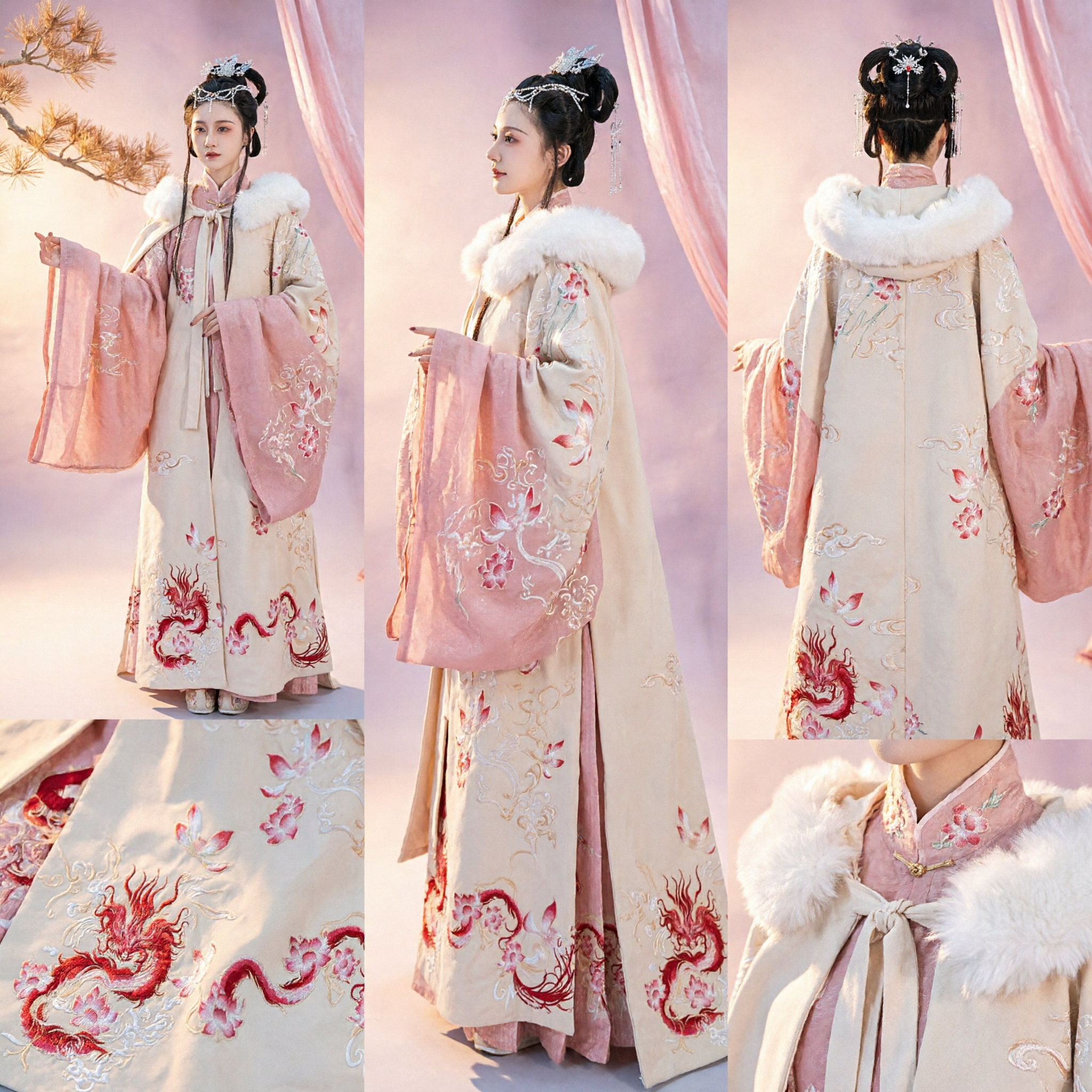 Elegant Chinese Hanfu Winter Cloak with White Fur Collar and Red Dragon Embroidery Traditional Dress for Women