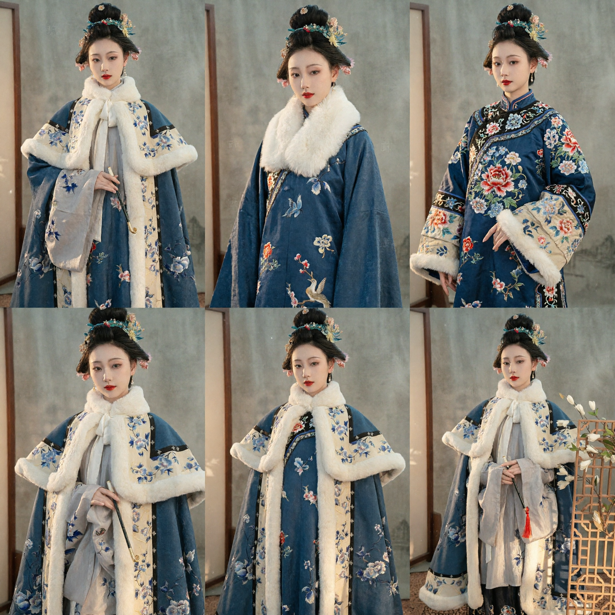 Traditional Chinese Hanfu Winter Fur Cape Blue Floral Embroidery Cloak Ancient Costume for Women