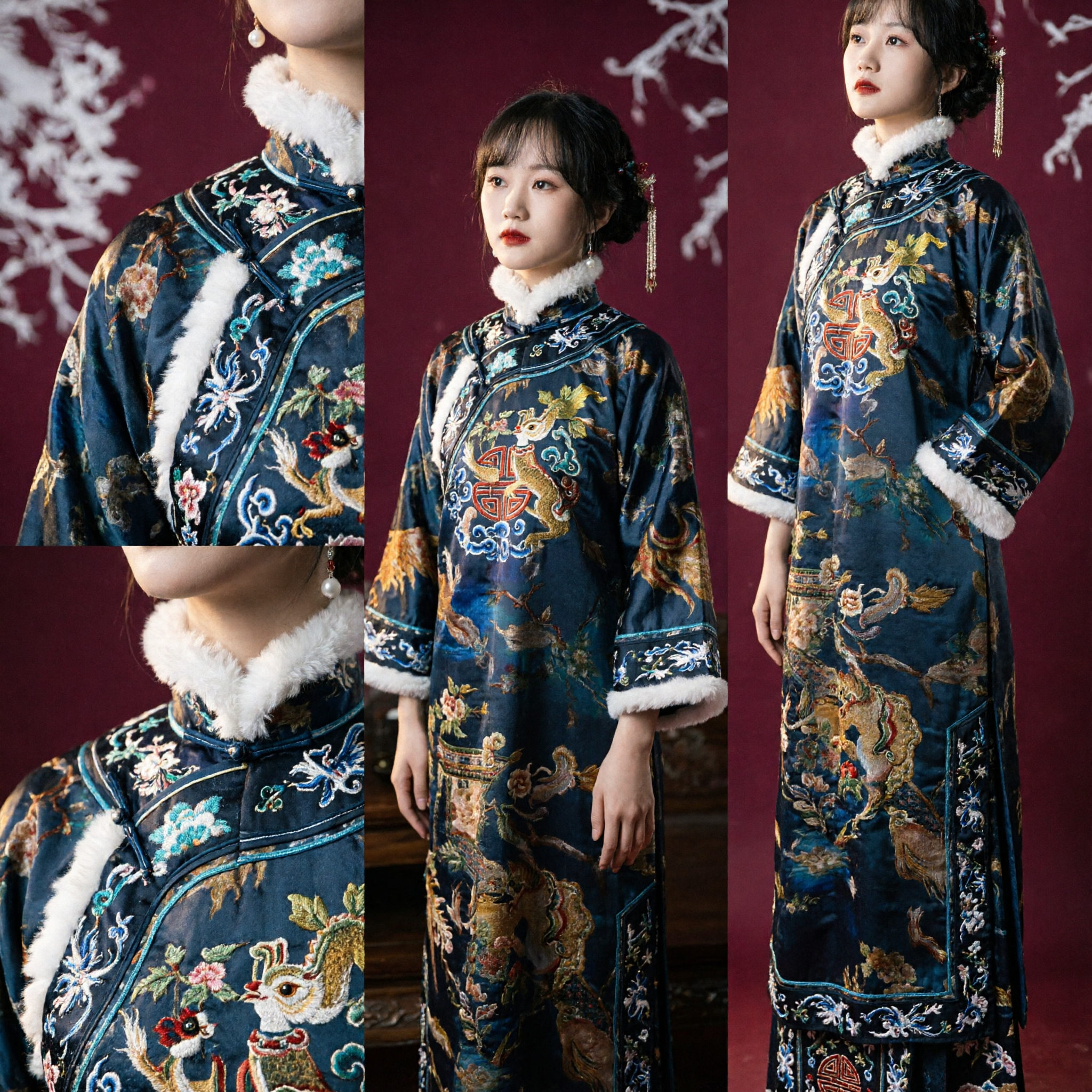 Women's Traditional Chinese Winter Qipao Coat with Fur Trim Elegant Tang Suit for Lunar New Year