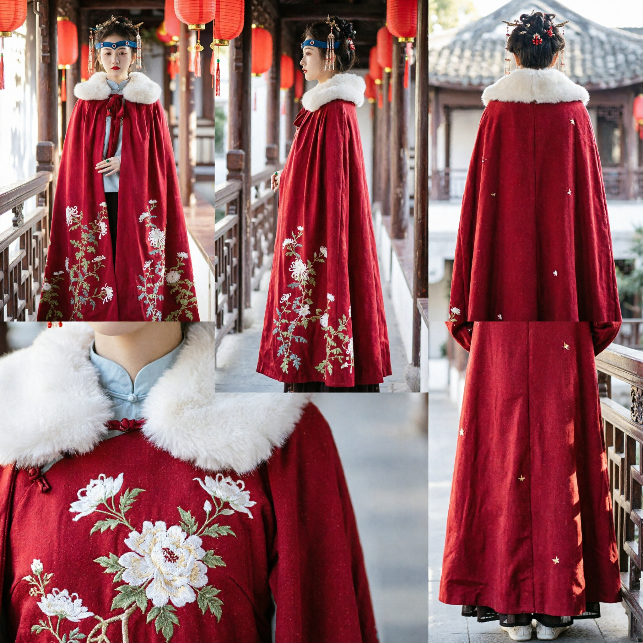 Red Velvet Hanfu Cloak with Faux Fur Collar and Floral Embroidery, Traditional Chinese Winter Cape for Women