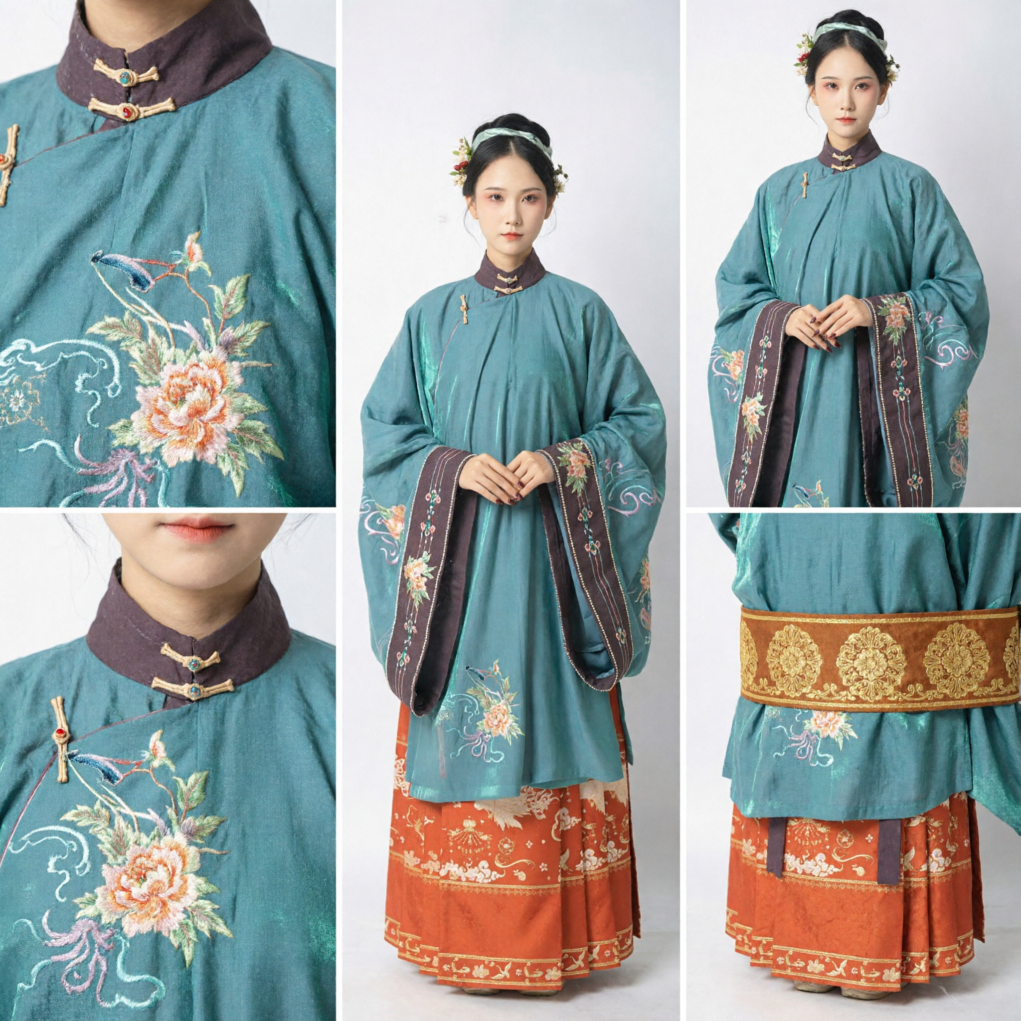 Elegant Traditional Chinese Hanfu Ming Dynasty Costume Teal Embroidered Top and Orange Mamianqun Skirt Set for Women